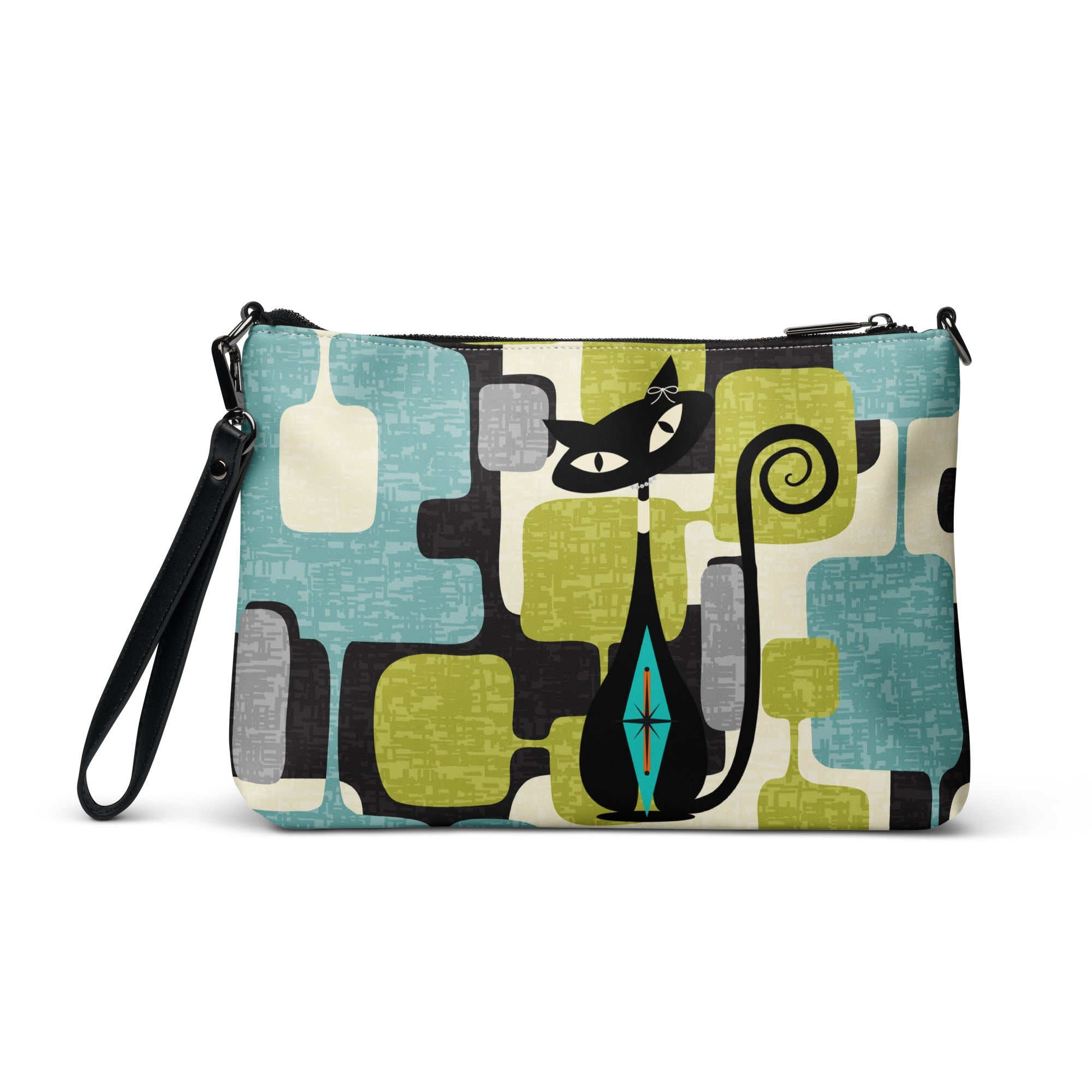 Kate McEnroe New York Mid Mod Atomic Cat Abstract Block Crossbody Bag, Retro Teal, Lime Green, Gray MCM Geometric Handbag, Vintage 60s Style PurseCross Body Bags1310574_16708
