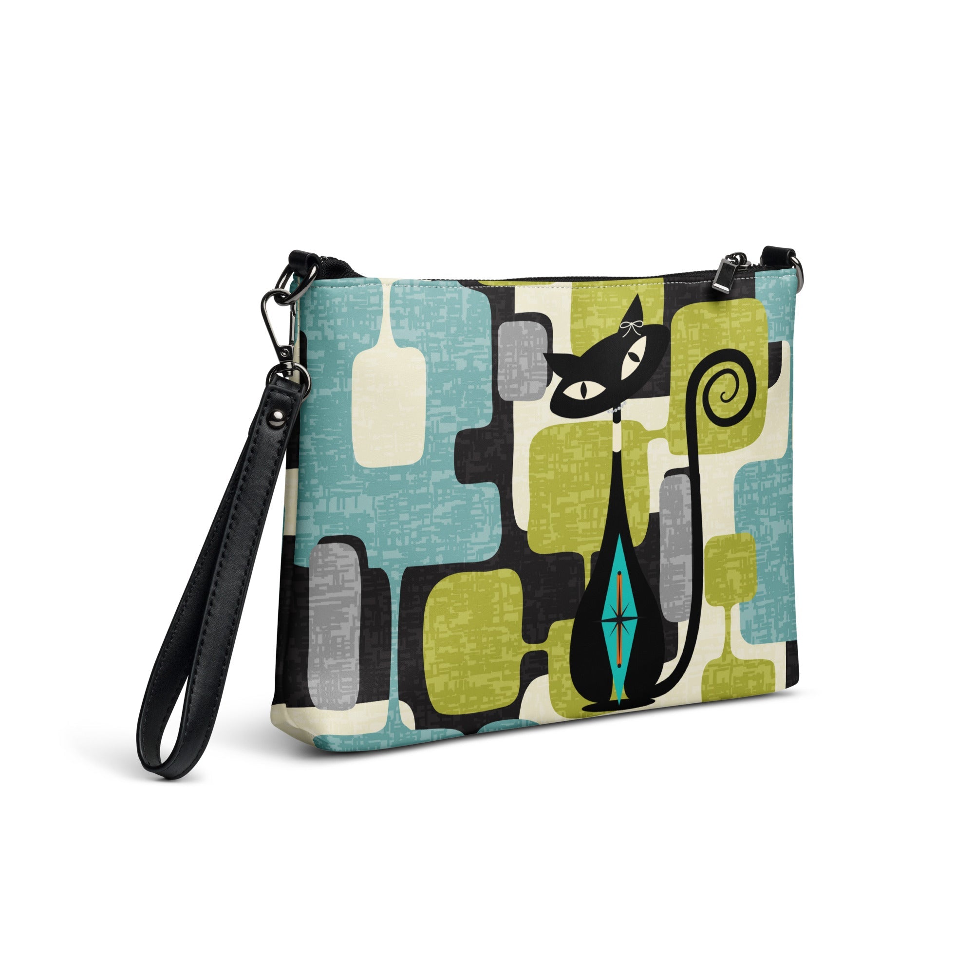 Kate McEnroe New York Mid Mod Atomic Cat Abstract Block Crossbody Bag, Retro Teal, Lime Green, Gray MCM Geometric Handbag, Vintage 60s Style PurseCross Body Bags1310574_16708