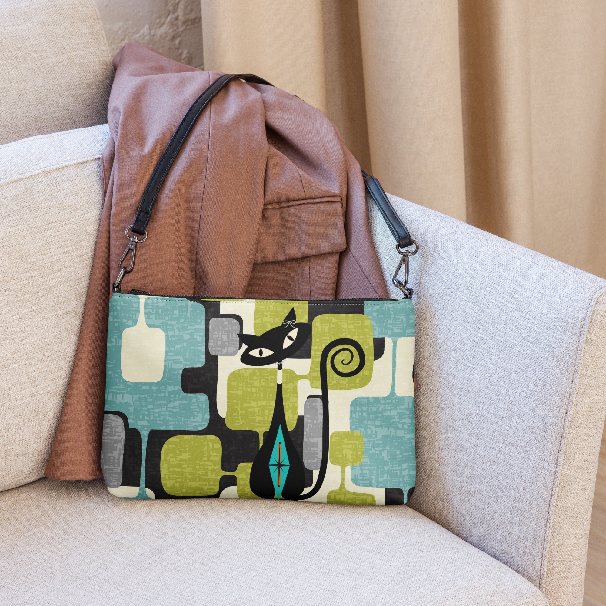 Kate McEnroe New York Mid Mod Atomic Cat Abstract Block Crossbody Bag, Retro Teal, Lime Green, Gray MCM Geometric Handbag, Vintage 60s Style PurseCross Body Bags1310574_16708