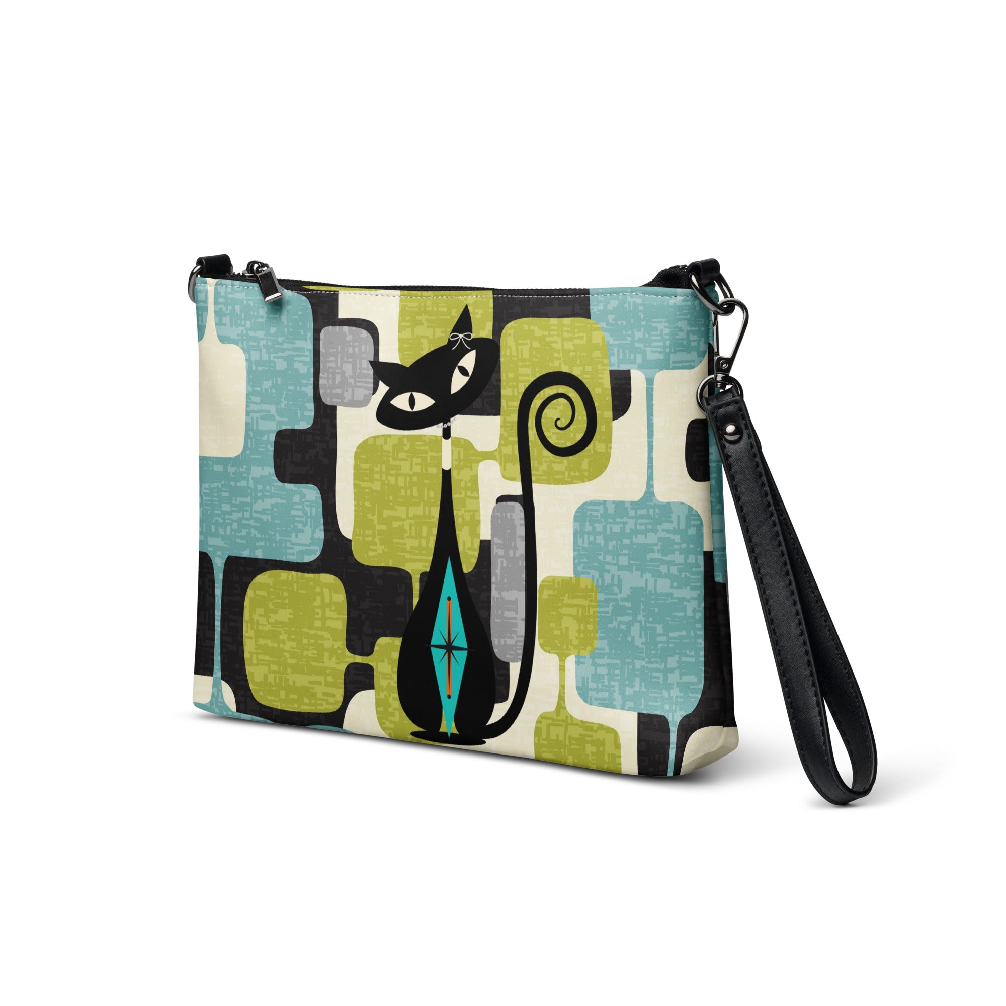 Kate McEnroe New York Mid Mod Atomic Cat Abstract Block Crossbody Bag, Retro Teal, Lime Green, Gray MCM Geometric Handbag, Vintage 60s Style PurseCross Body Bags1310574_16708