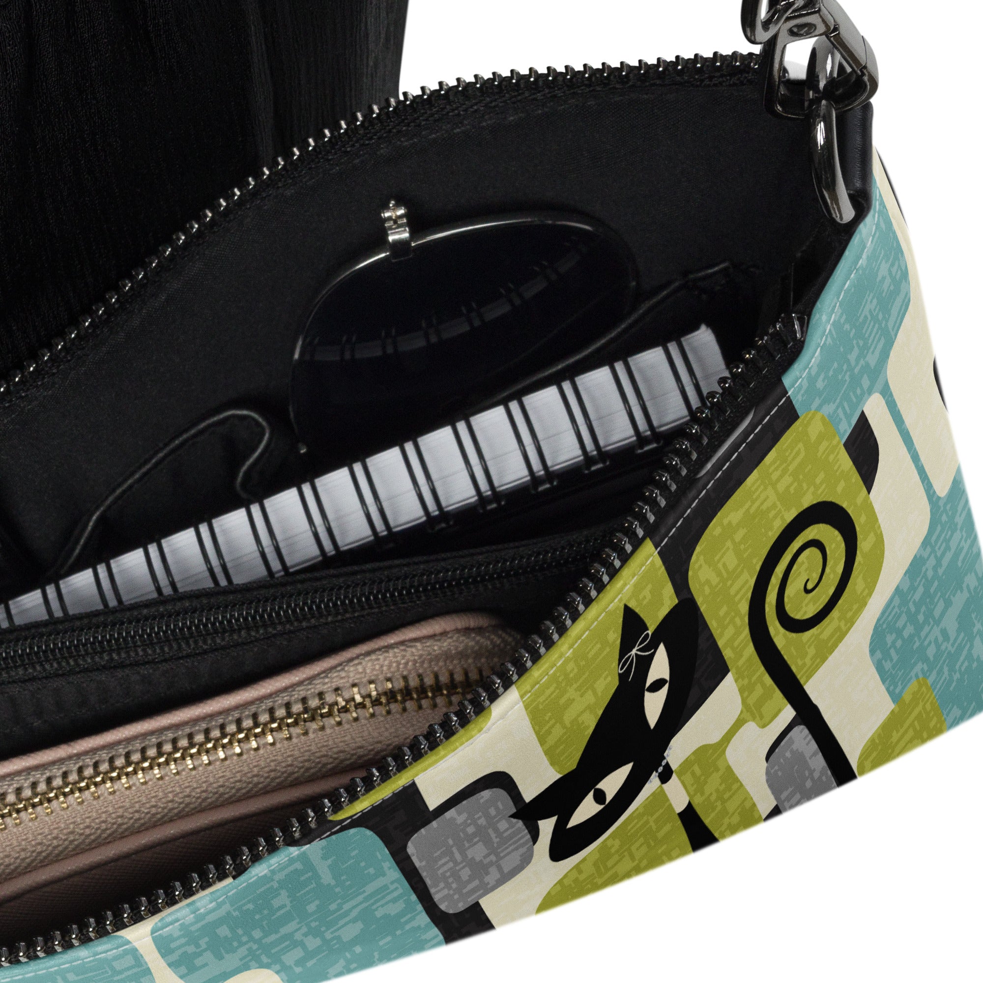 Kate McEnroe New York Mid Mod Atomic Cat Abstract Block Crossbody Bag, Retro Teal, Lime Green, Gray MCM Geometric Handbag, Vintage 60s Style PurseCross Body Bags1310574_16708