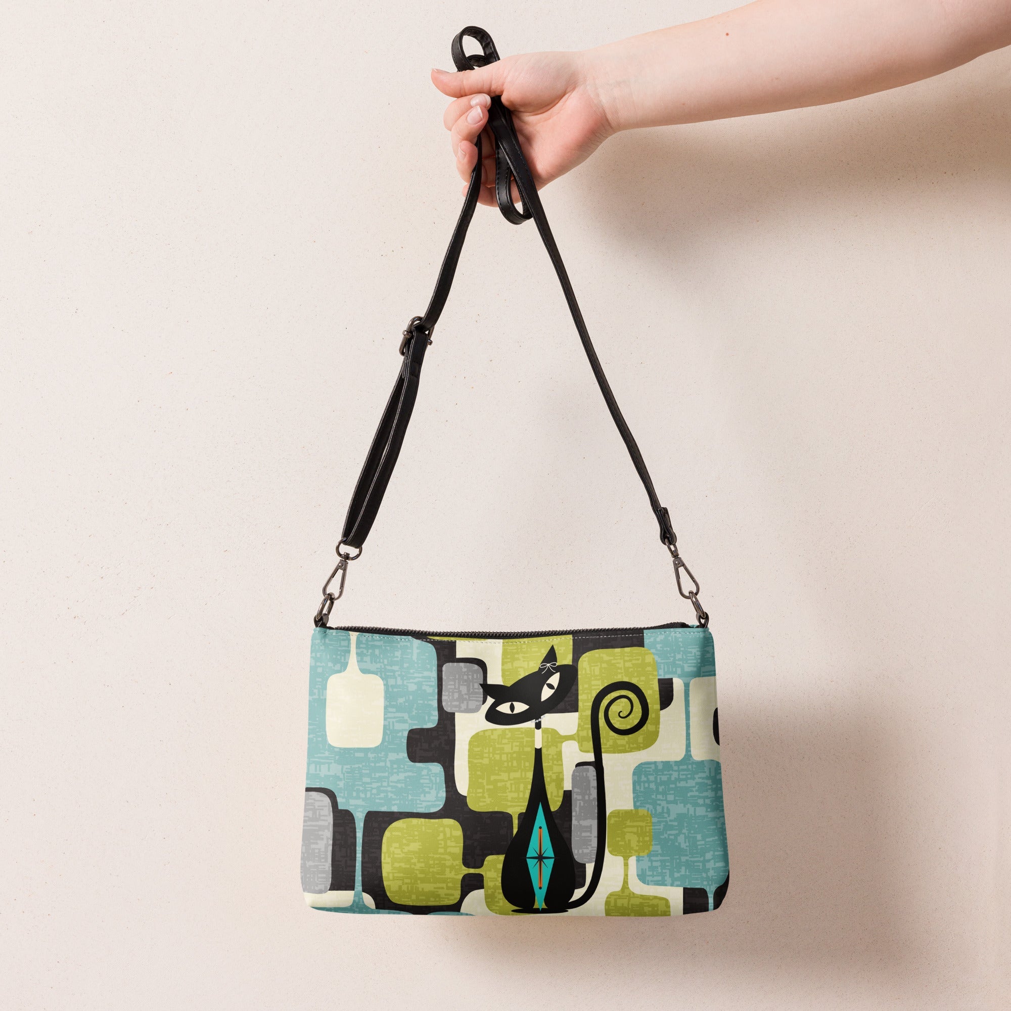 Kate McEnroe New York Mid Mod Atomic Cat Abstract Block Crossbody Bag, Retro Teal, Lime Green, Gray MCM Geometric Handbag, Vintage 60s Style PurseCross Body Bags1310574_16708