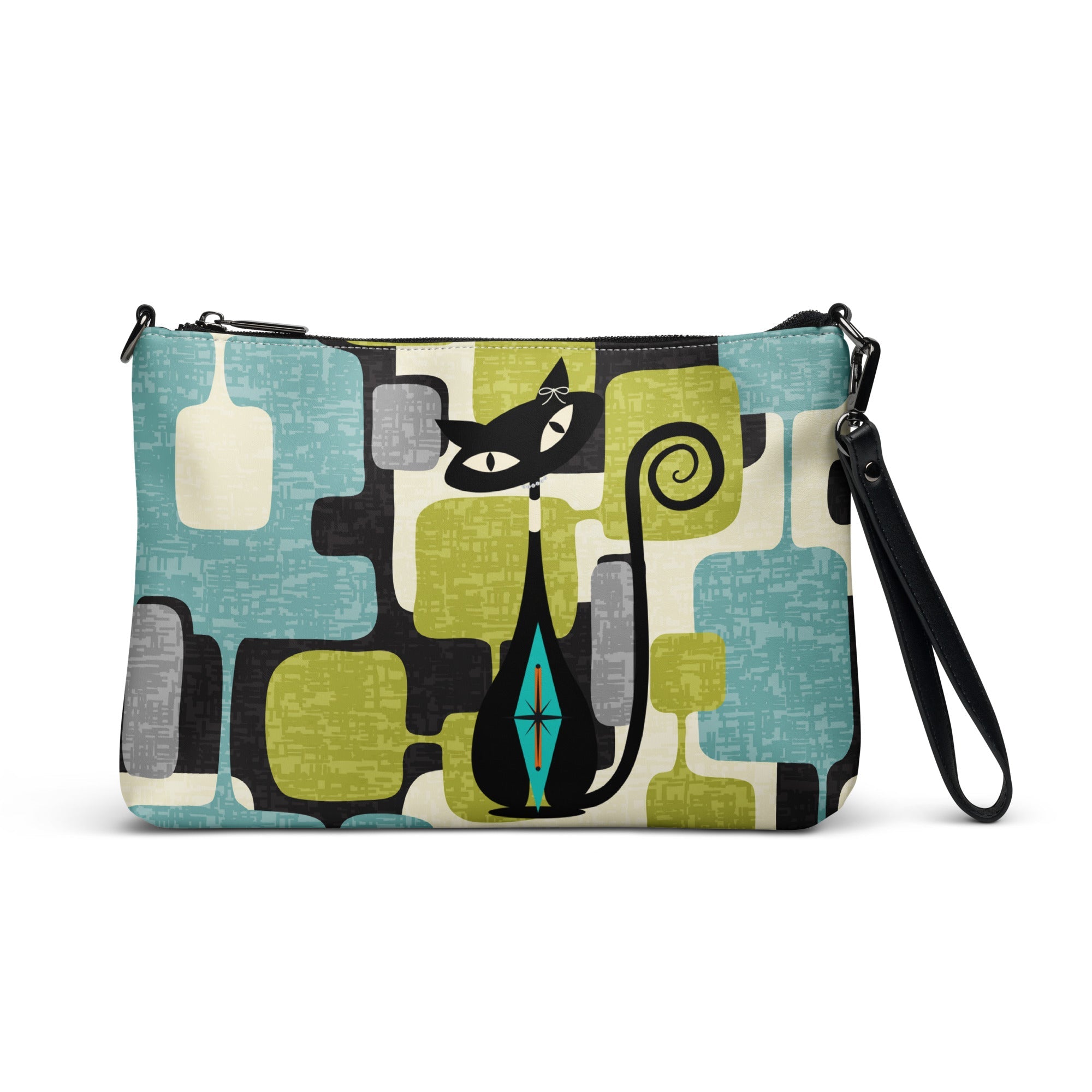 Kate McEnroe New York Mid Mod Atomic Cat Abstract Block Crossbody Bag, Retro Teal, Lime Green, Gray MCM Geometric Handbag, Vintage 60s Style PurseCross Body Bags1310574_16708