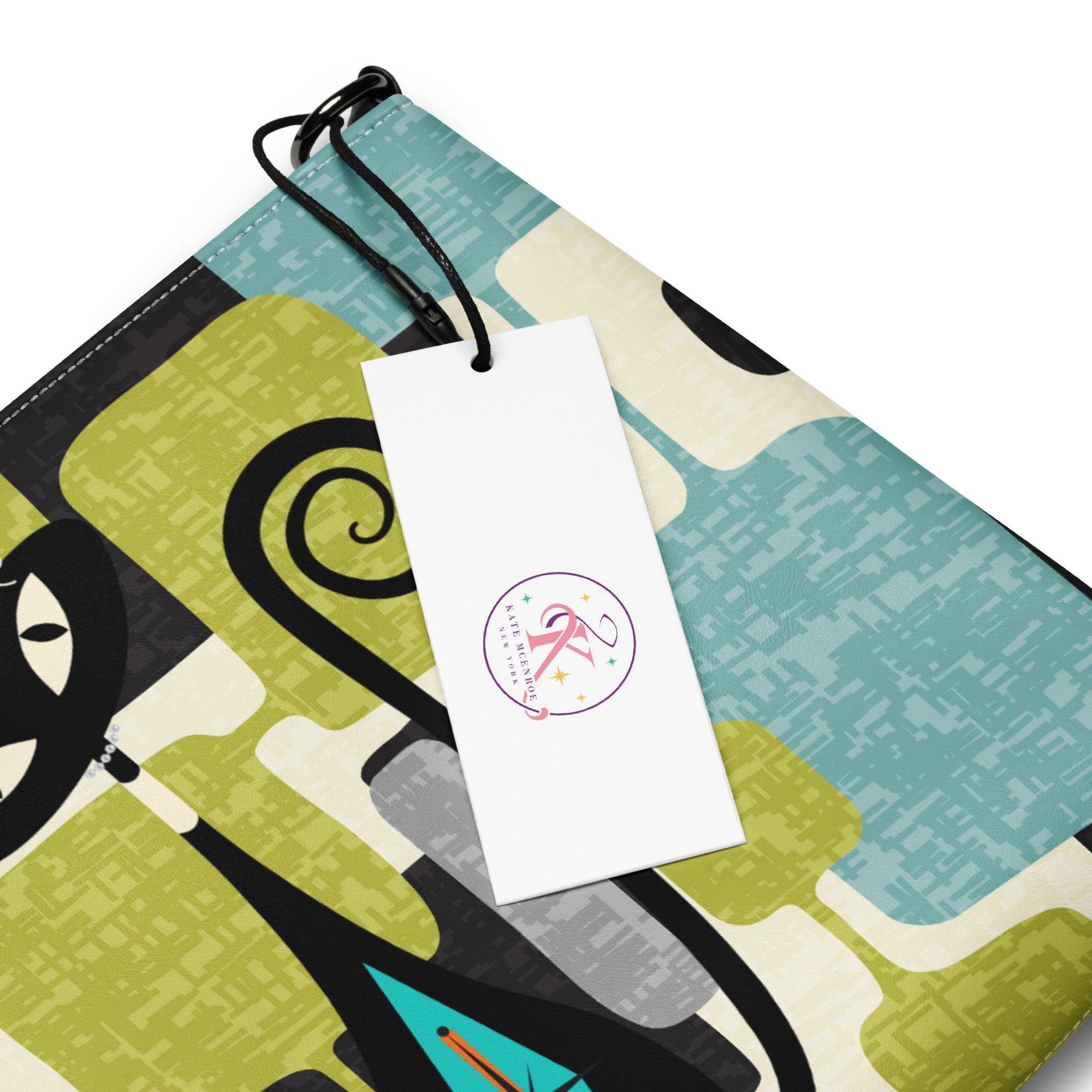 Kate McEnroe New York Mid Mod Atomic Cat Abstract Block Crossbody Bag, Retro Teal, Lime Green, Gray MCM Geometric Handbag, Vintage 60s Style PurseCross Body Bags1310574_16708