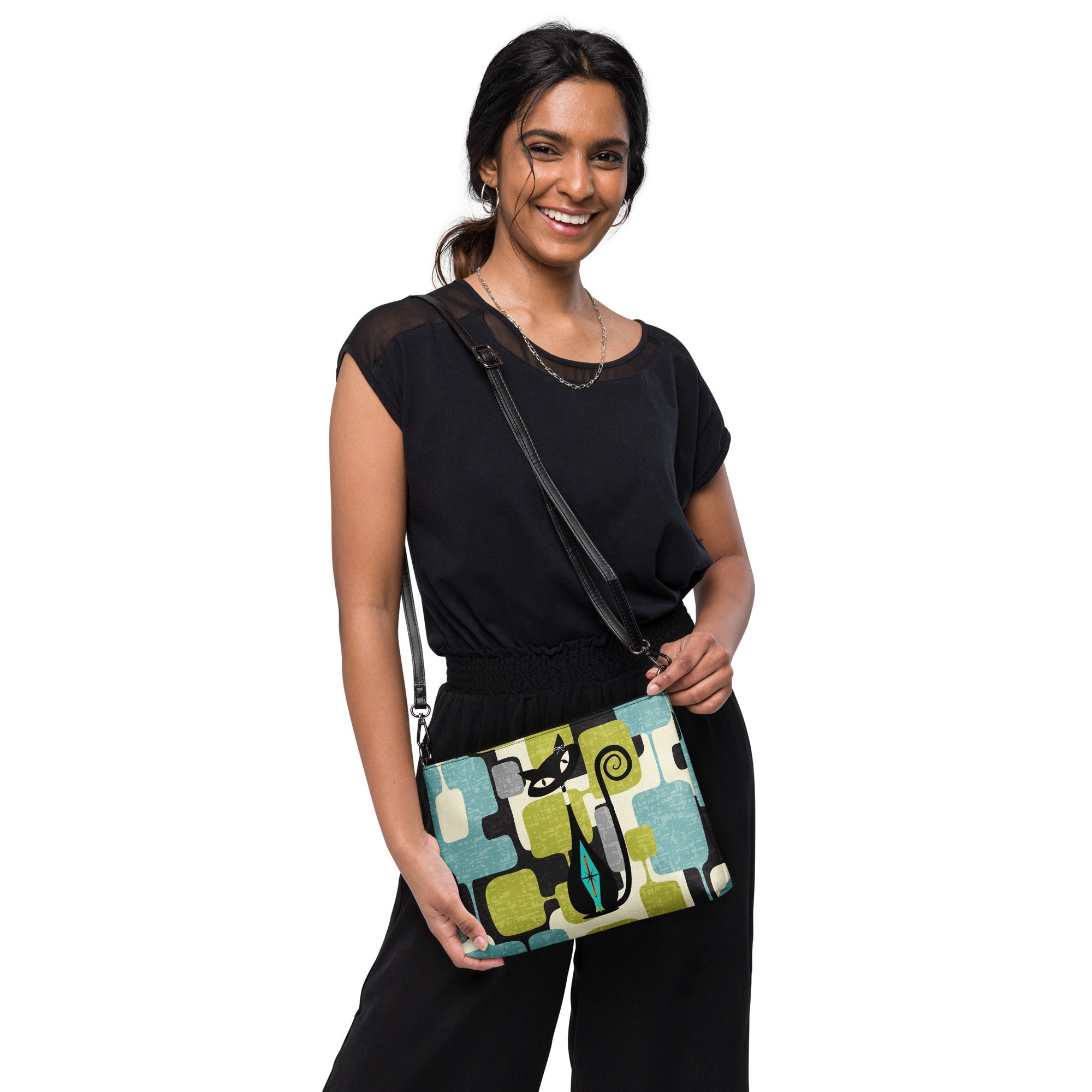 Kate McEnroe New York Mid Mod Atomic Cat Abstract Block Crossbody Bag, Retro Teal, Lime Green, Gray MCM Geometric Handbag, Vintage 60s Style PurseCross Body Bags1310574_16708