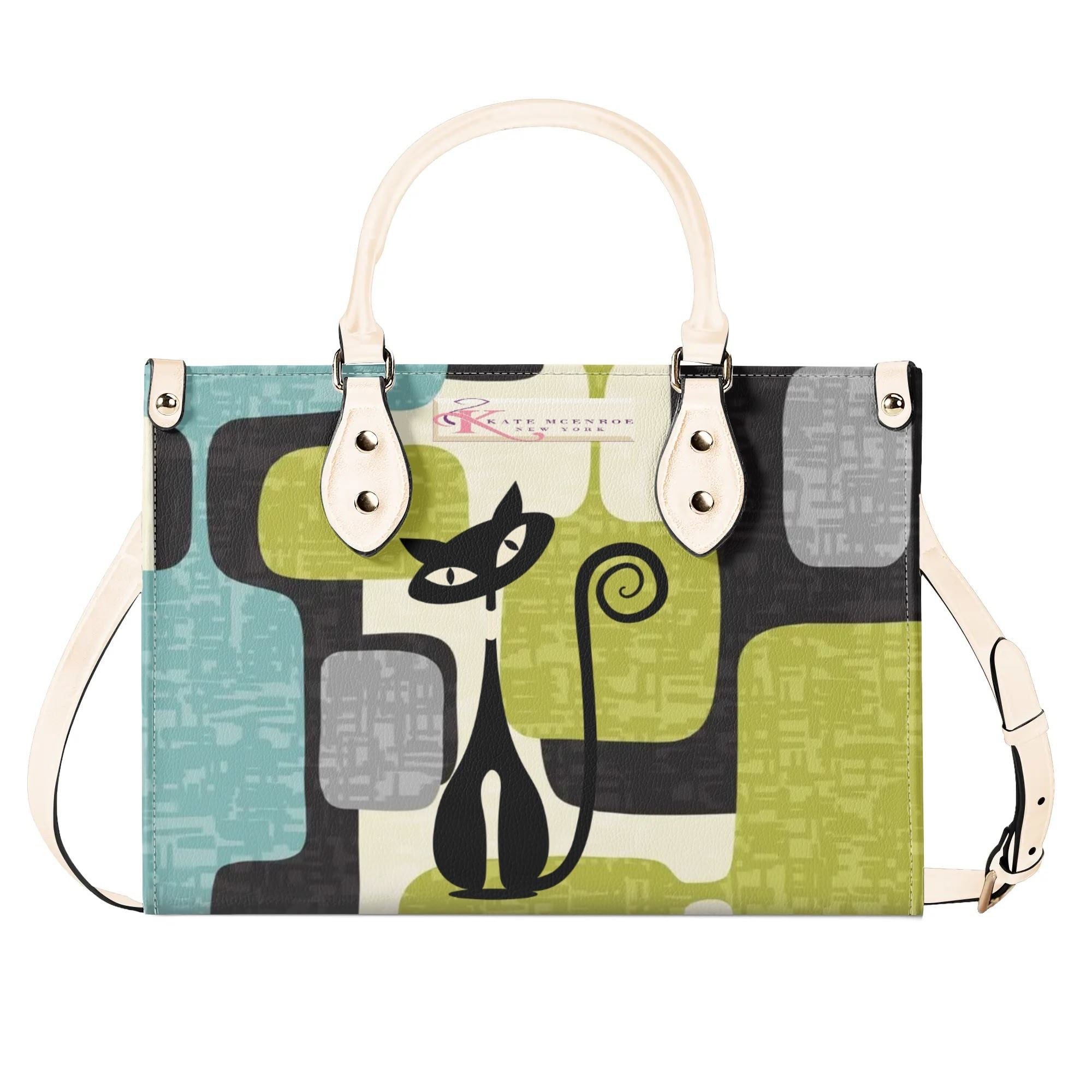 Kate McEnroe New York Mid Mod Atomic Cat Abstract Block Satchel, Retro Teal, Lime Green, Gray MCM Geometric Handbag, Vintage 60s Style PurseHandbagsWJ2E3QRW - 1