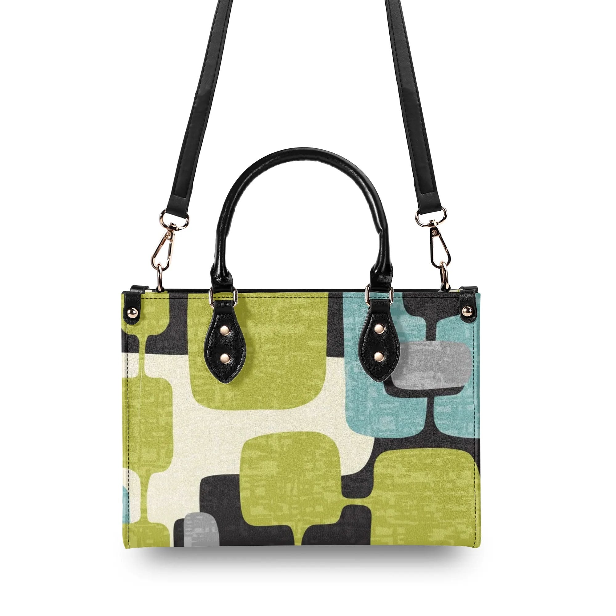 Kate McEnroe New York Mid Mod Atomic Cat Abstract Block Satchel, Retro Teal, Lime Green, Gray MCM Geometric Handbag, Vintage 60s Style PurseHandbagsWJ2E3QRW - 1