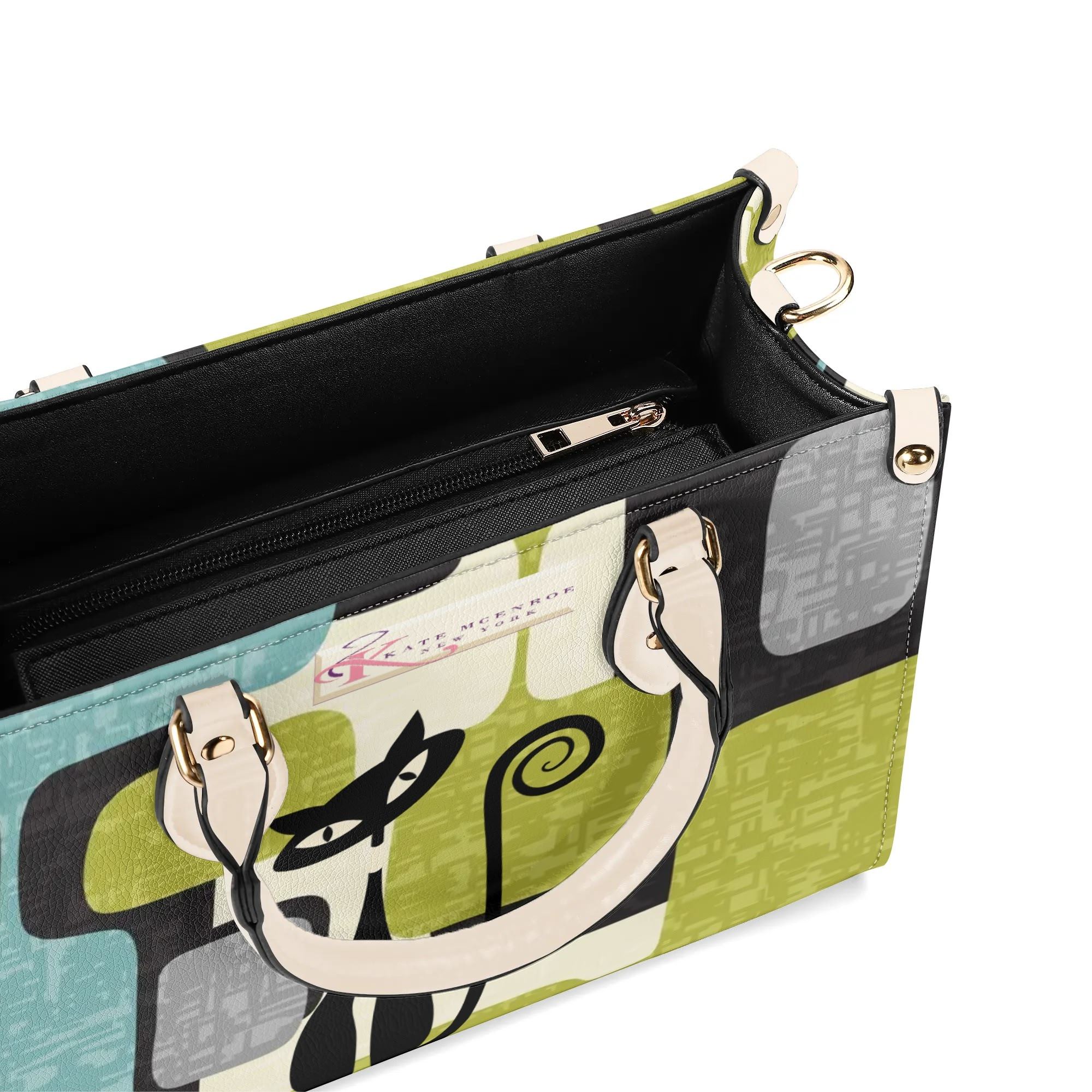 Kate McEnroe New York Mid Mod Atomic Cat Abstract Block Satchel, Retro Teal, Lime Green, Gray MCM Geometric Handbag, Vintage 60s Style PurseHandbagsWJ2E3QRW - 1