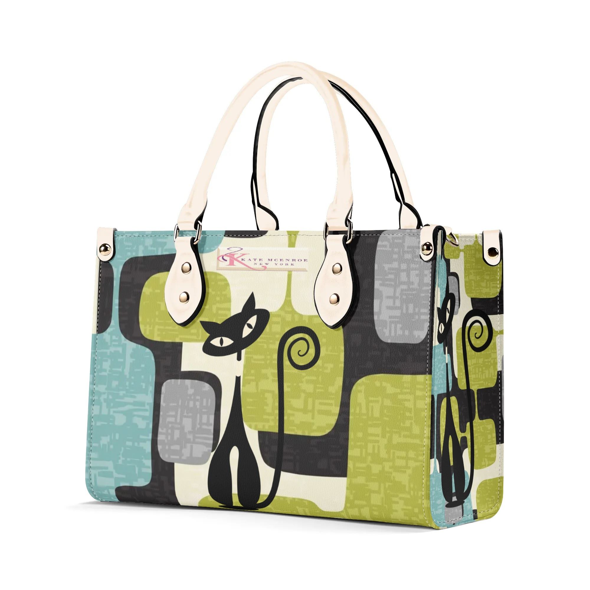 Kate McEnroe New York Mid Mod Atomic Cat Abstract Block Satchel, Retro Teal, Lime Green, Gray MCM Geometric Handbag, Vintage 60s Style PurseHandbagsWJ2E3QRW - 1