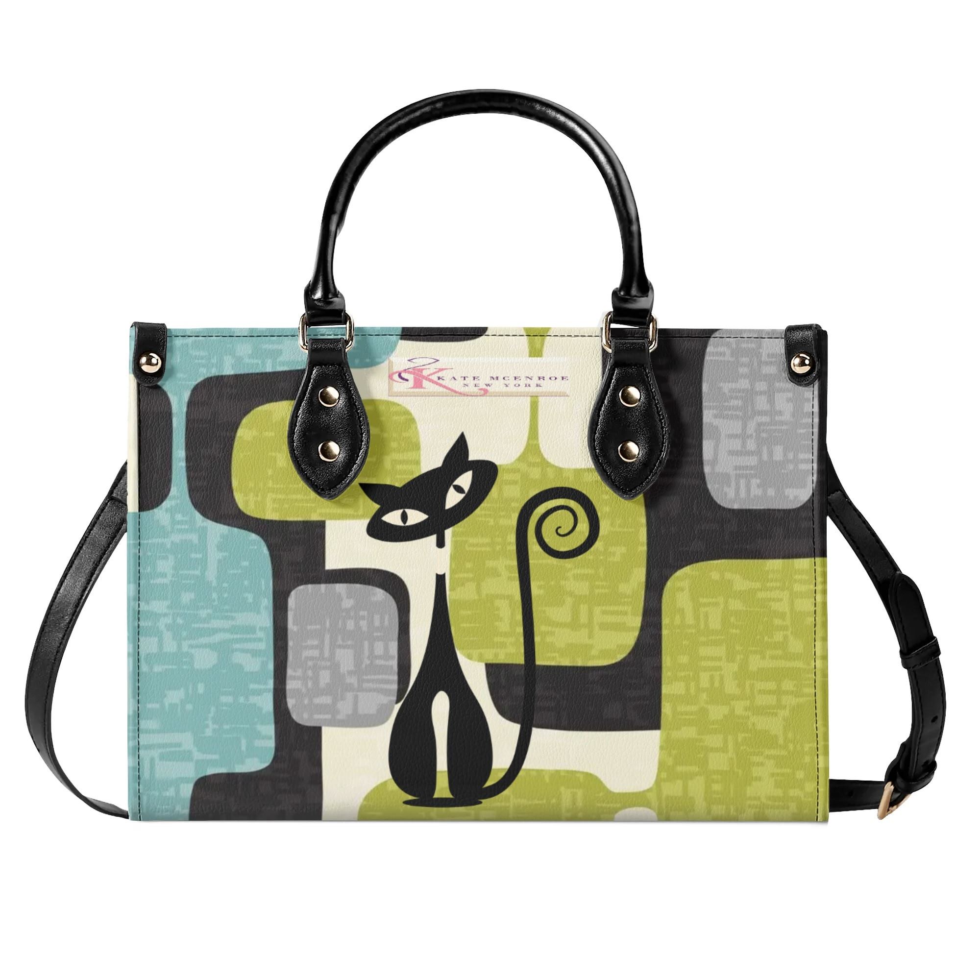 Kate McEnroe New York Mid Mod Atomic Cat Abstract Block Satchel, Retro Teal, Lime Green, Gray MCM Geometric Handbag, Vintage 60s Style PurseHandbagsWJ2E3QRW - 1