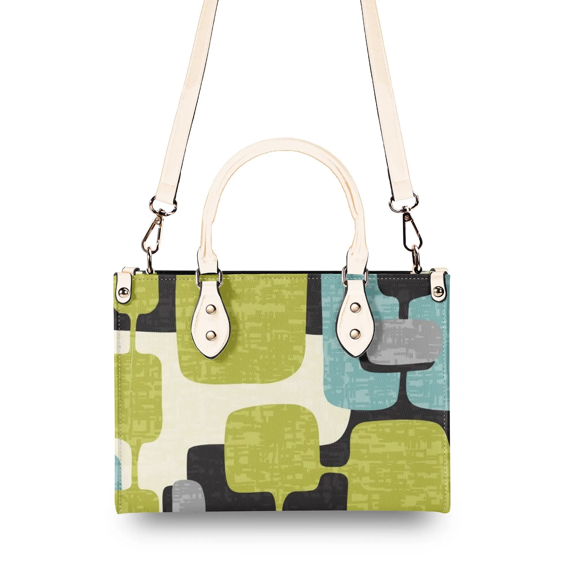 Kate McEnroe New York Mid Mod Atomic Cat Abstract Block Satchel, Retro Teal, Lime Green, Gray MCM Geometric Handbag, Vintage 60s Style PurseHandbagsWJ2E3QRW - 1