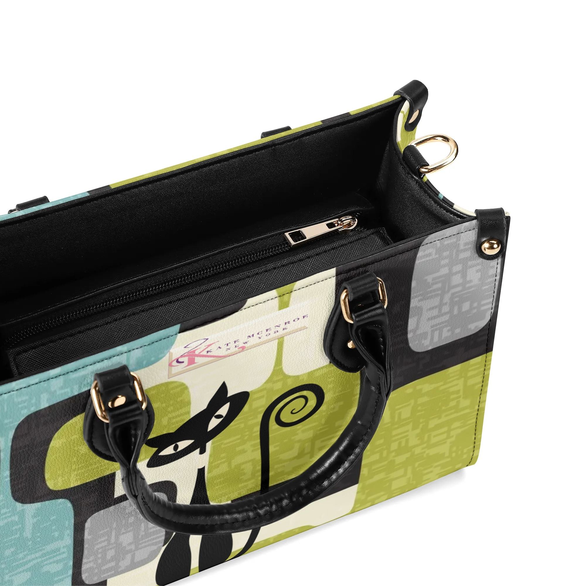 Kate McEnroe New York Mid Mod Atomic Cat Abstract Block Satchel, Retro Teal, Lime Green, Gray MCM Geometric Handbag, Vintage 60s Style PurseHandbagsWJ2E3QRW - 1