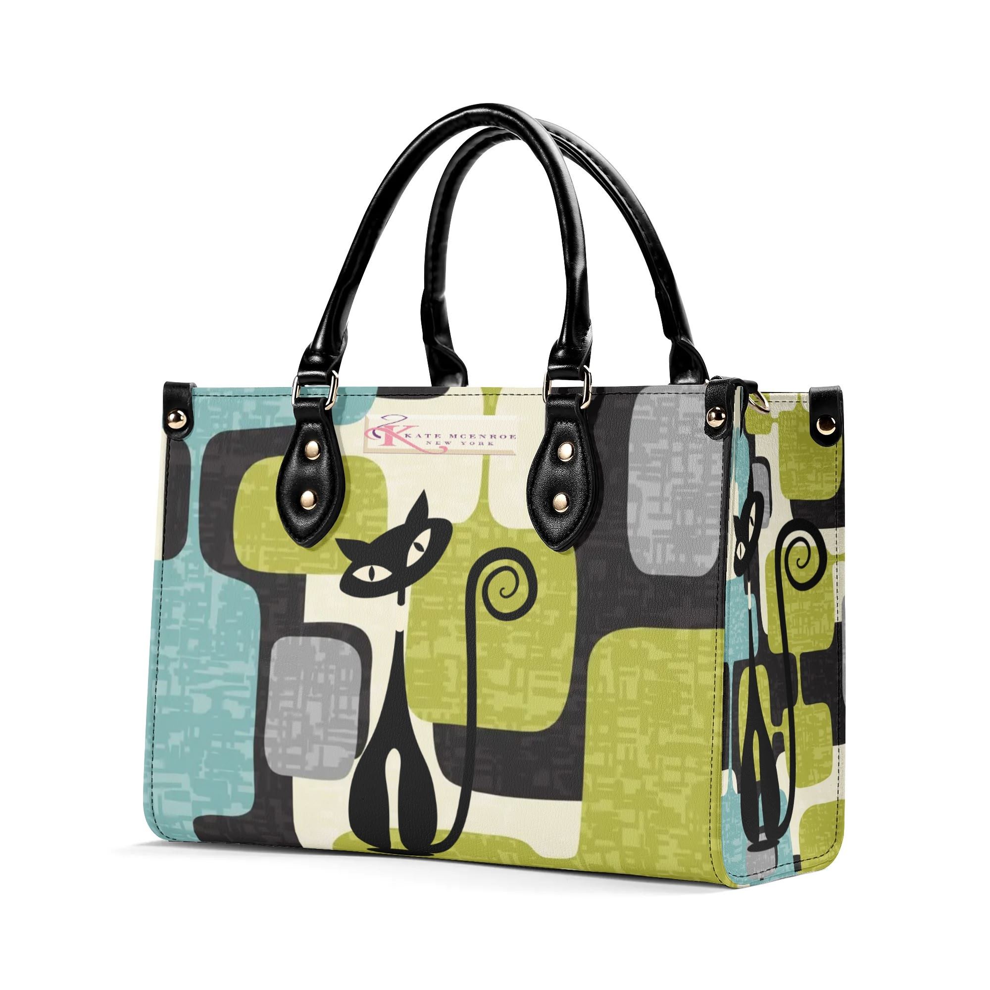 Kate McEnroe New York Mid Mod Atomic Cat Abstract Block Satchel, Retro Teal, Lime Green, Gray MCM Geometric Handbag, Vintage 60s Style PurseHandbagsWJ2E3QRW - 1