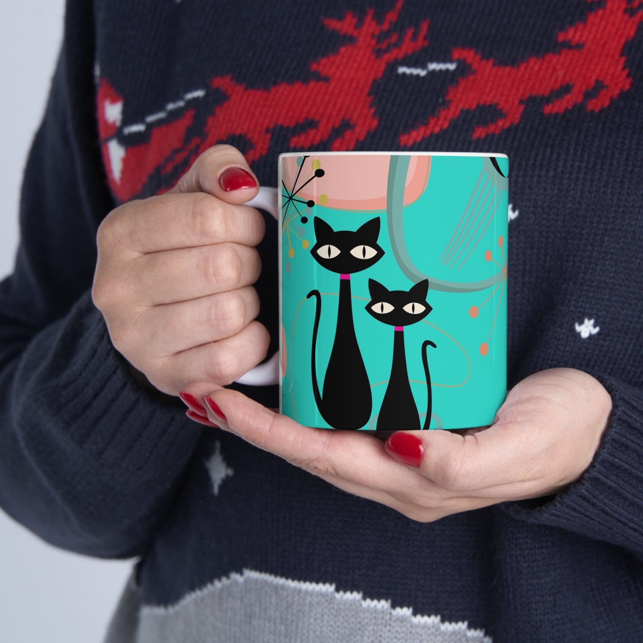 Kate McEnroe New York Mid Mod Atomic Cat Ceramic Mug, 11oz MCM Retro Mid Century Modern, Turquoise, Pink Boomerang Starbursts Coffee, Tea Drinkware - 127581923Mugs23841630601813893934