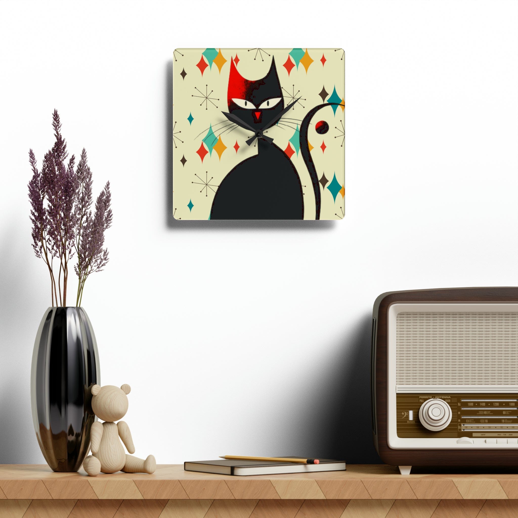 Kate McEnroe New York Mid Mod Atomic Cat Franciscan Diamond Starburst Acrylic Wall Clock, Retro MCM Living Room, Bedroom, Kids Room Home DecorWall Clocks17709933974678485363