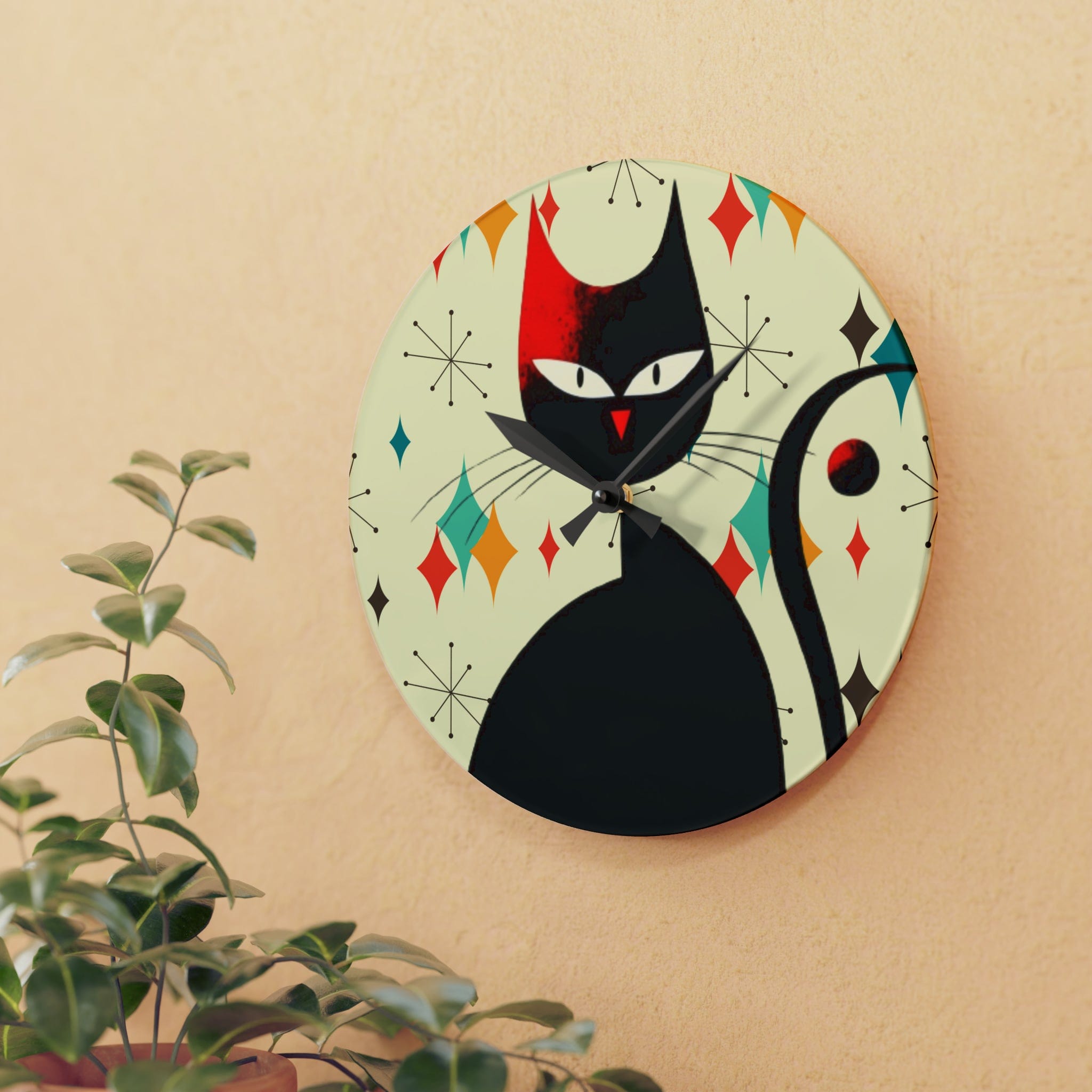 Kate McEnroe New York Mid Mod Atomic Cat Franciscan Diamond Starburst Acrylic Wall Clock, Retro MCM Living Room, Bedroom, Kids Room Home DecorWall Clocks31868131398601943482