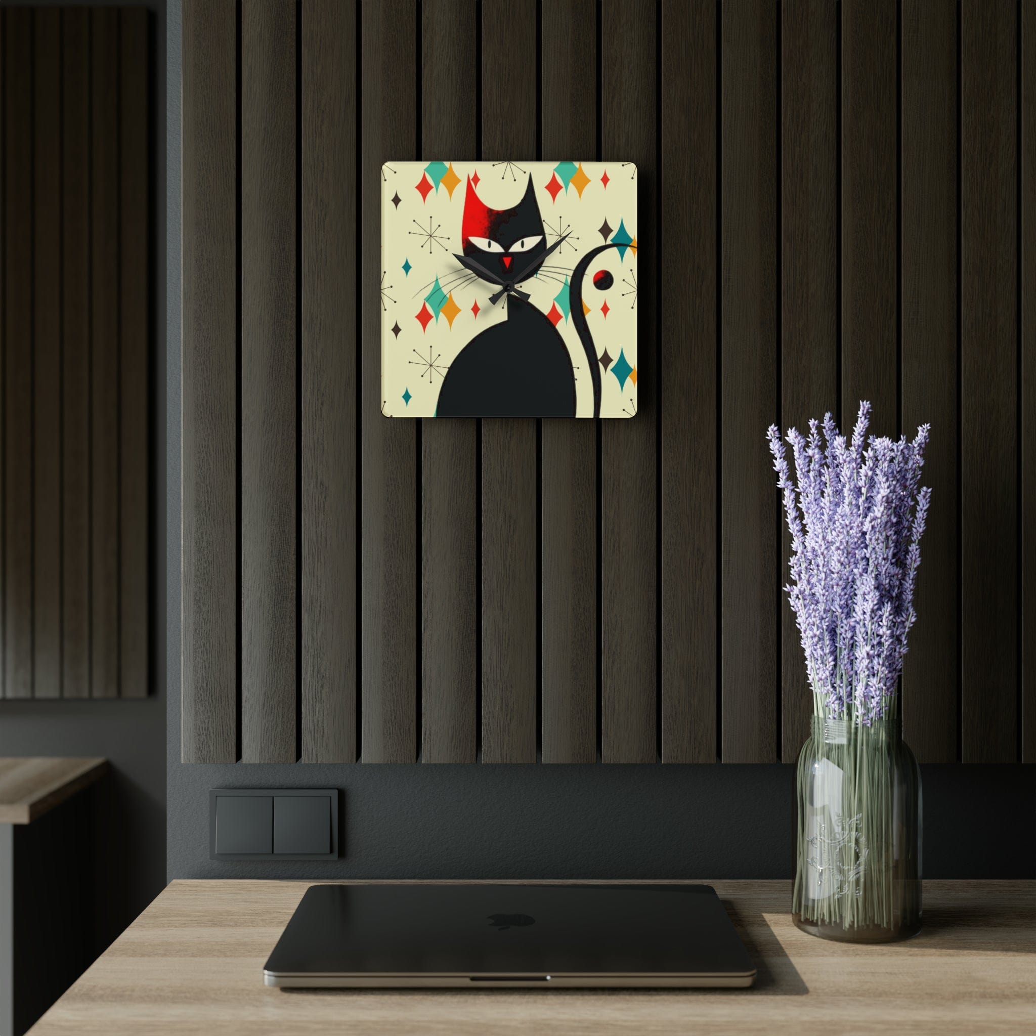 Kate McEnroe New York Mid Mod Atomic Cat Franciscan Diamond Starburst Acrylic Wall Clock, Retro MCM Living Room, Bedroom, Kids Room Home DecorWall Clocks83880133979233923319