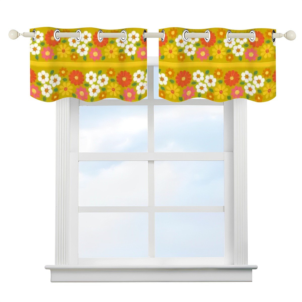 Kate McEnroe New York Mid Mod Daisy Window Valance, Retro Groovy Floral Kitchen Curtain, 60s Grommet Tier PanelValancesIMPdfTFnvZ