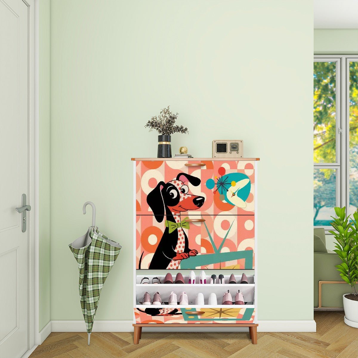 Kate McEnroe New York Mid Mod Doxie Dog Retro Dachshund TV Shoe CabinetShoe StoragefZPjwA8pGD