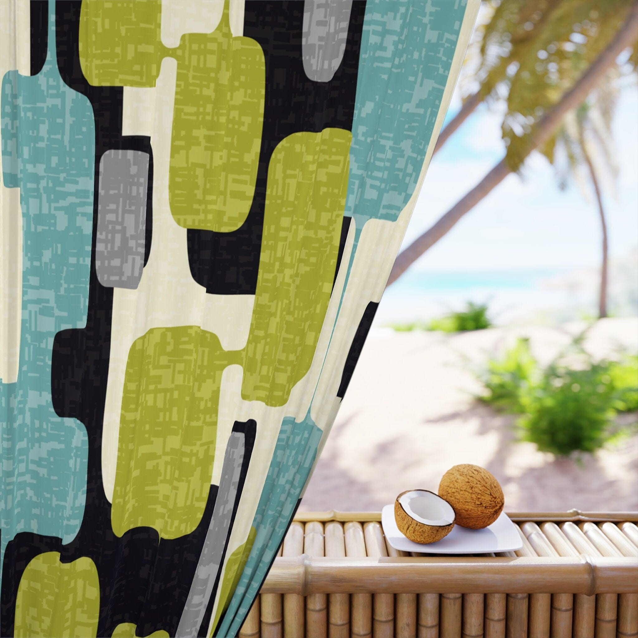 Kate McEnroe New York Mid Mod Geometric Abstract Retro Teal, Lime Green, Gray, Black Window CurtainsWindow CurtainsW3D - ORA - GRA - SH3