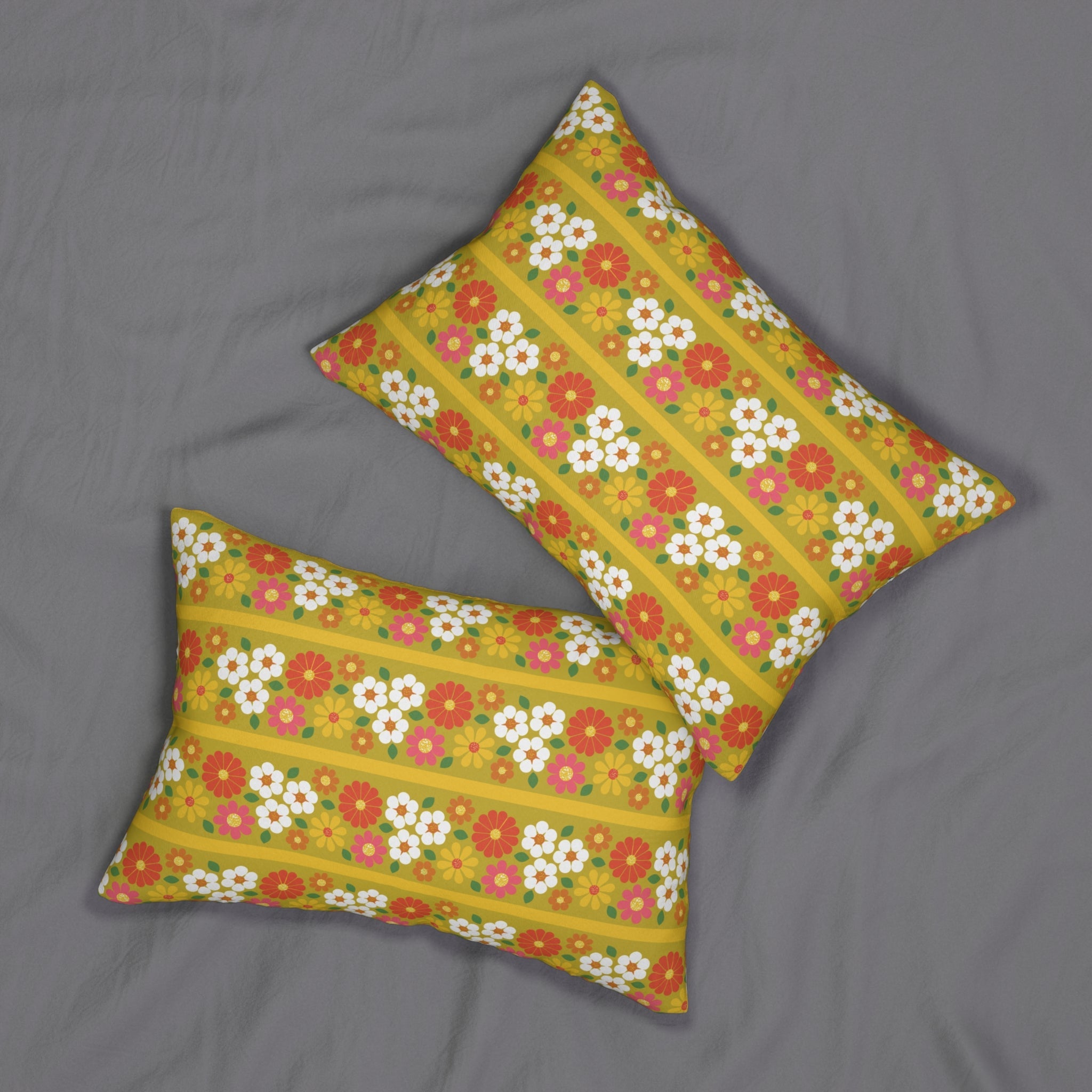 Kate McEnroe New York Mid Mod Groovy Daisy Lumbar Pillow, Retro 60s Floral Hippie Throw Cushion, Vintage Harvest Gold MCM DecorLumbar Pillows18971519203645155431