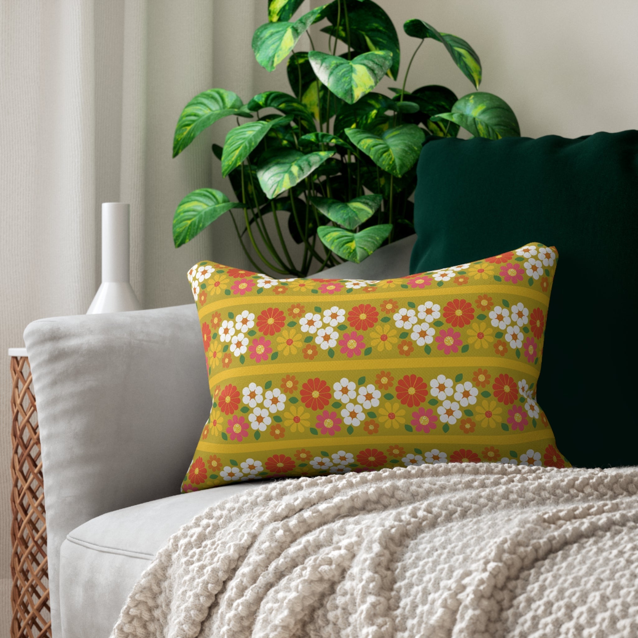 Kate McEnroe New York Mid Mod Groovy Daisy Lumbar Pillow, Retro 60s Floral Hippie Throw Cushion, Vintage Harvest Gold MCM DecorLumbar Pillows18971519203645155431