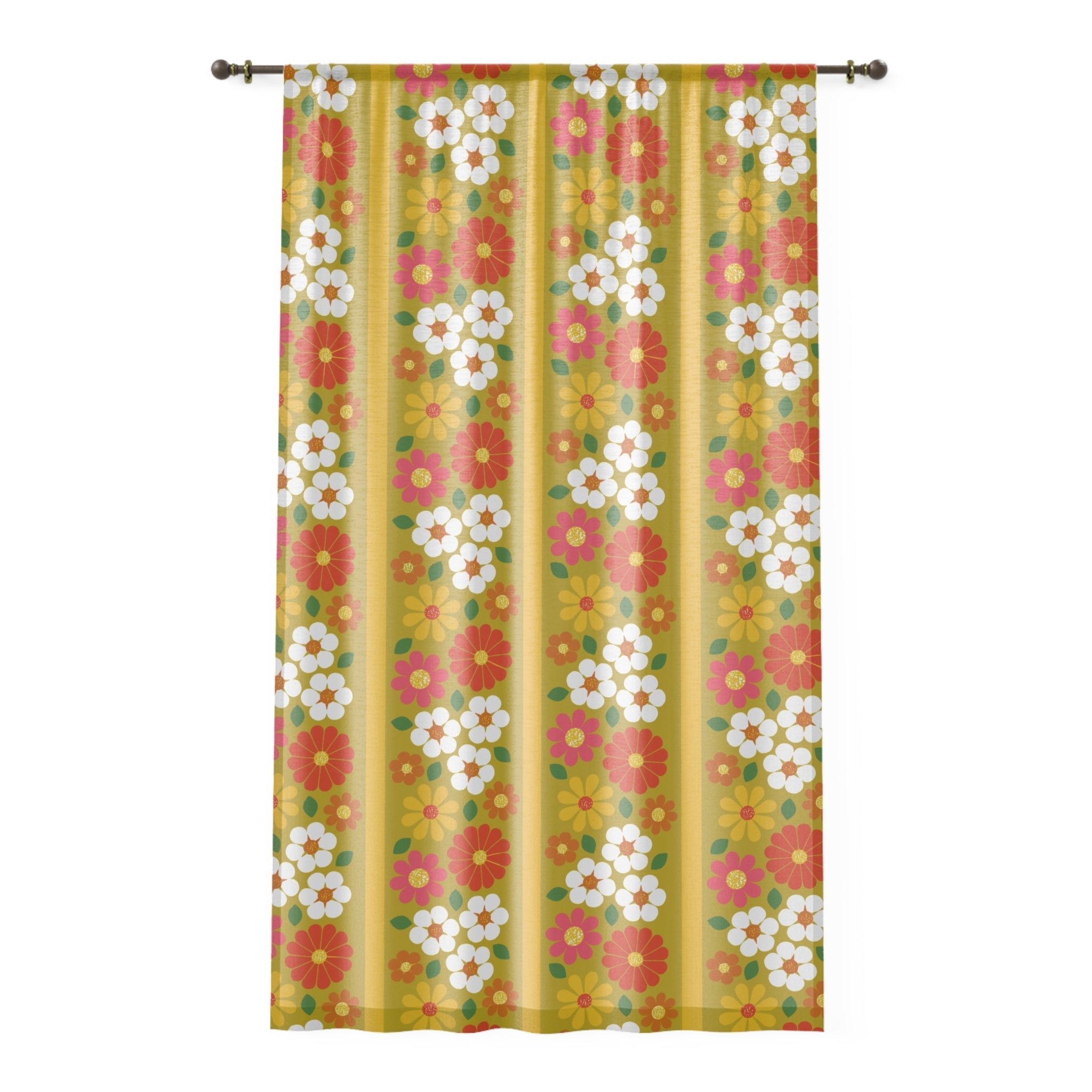 Kate McEnroe New York Mid Mod Groovy Daisy Sheer Curtain, Retro Floral Hippie Window Panel, Vintage Harvest Gold 60s DecorWindow Curtains24500655767704558976