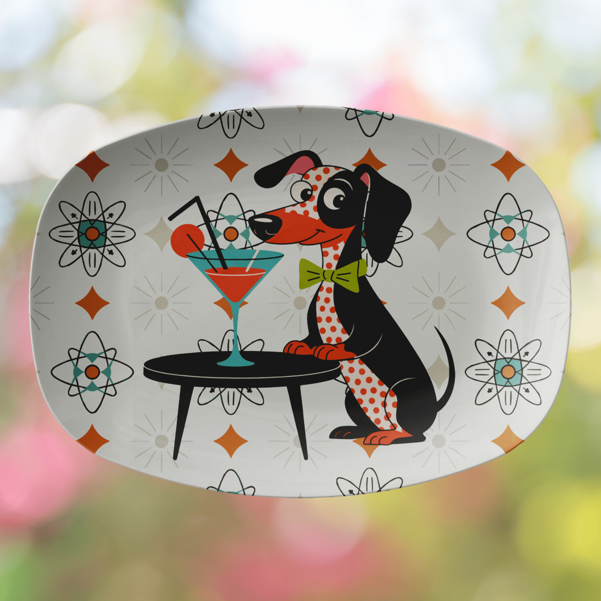 Kate McEnroe New York Mid Mod Kitsch Dachshund Dog, Atomic Starbursts, Doxie Dog MCM Cocktail PlatterServing PlattersDACDOGPLT2