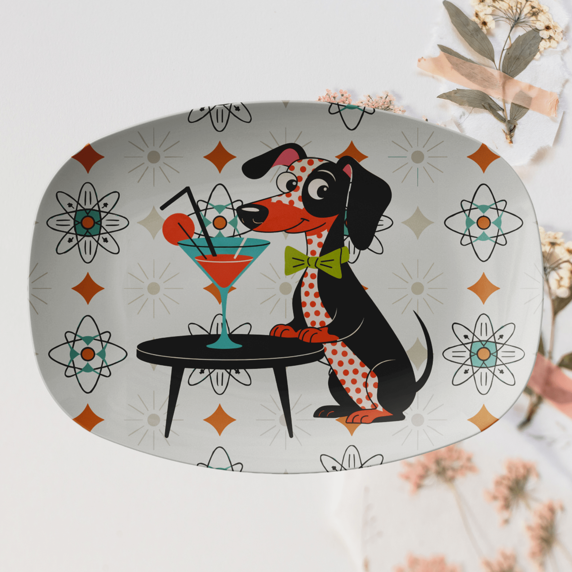 Kate McEnroe New York Mid Mod Kitsch Dachshund Dog, Atomic Starbursts, Doxie Dog MCM Cocktail PlatterServing PlattersDACDOGPLT2
