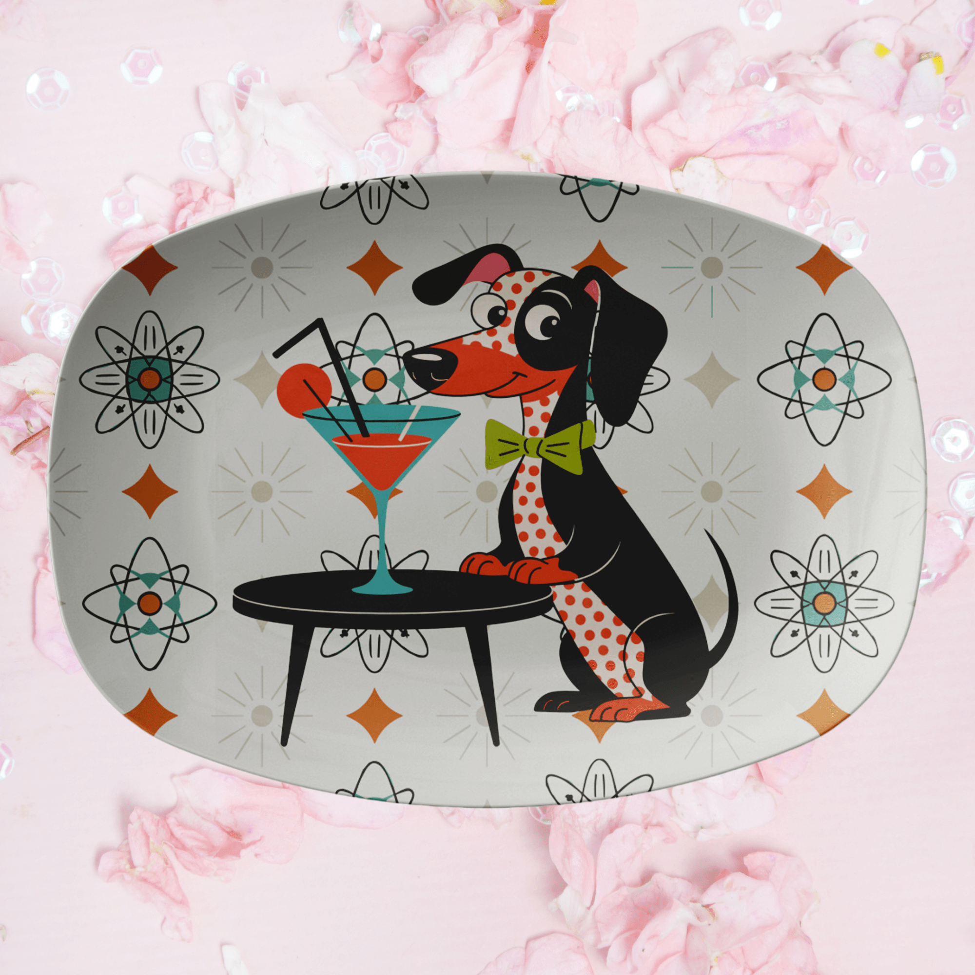 Kate McEnroe New York Mid Mod Kitsch Dachshund Dog, Atomic Starbursts, Doxie Dog MCM Cocktail PlatterServing PlattersDACDOGPLT2