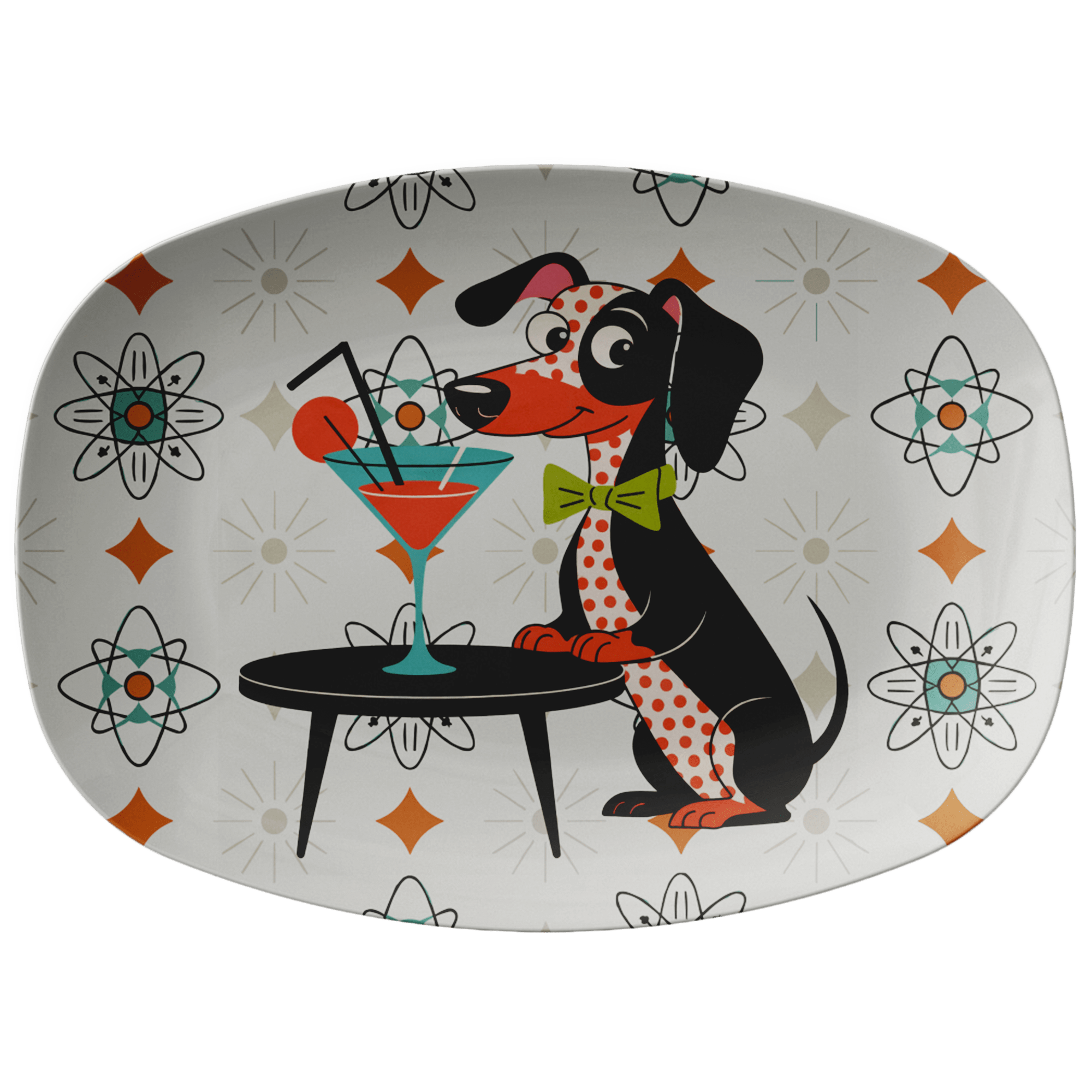 Kate McEnroe New York Mid Mod Kitsch Dachshund Dog, Atomic Starbursts, Doxie Dog MCM Cocktail PlatterServing PlattersDACDOGPLT2