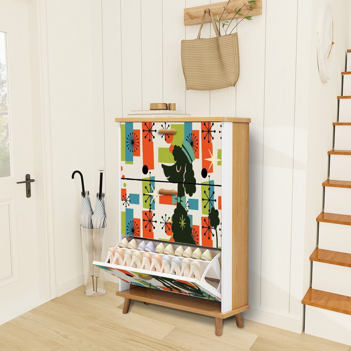 Kate McEnroe New York Mid Mod Poodle Shoe Cabinet, Orange Blue Green Starburst Storage Chest, 50s Retro Entry OrganizerShoe Storage5XkXX3jdL2