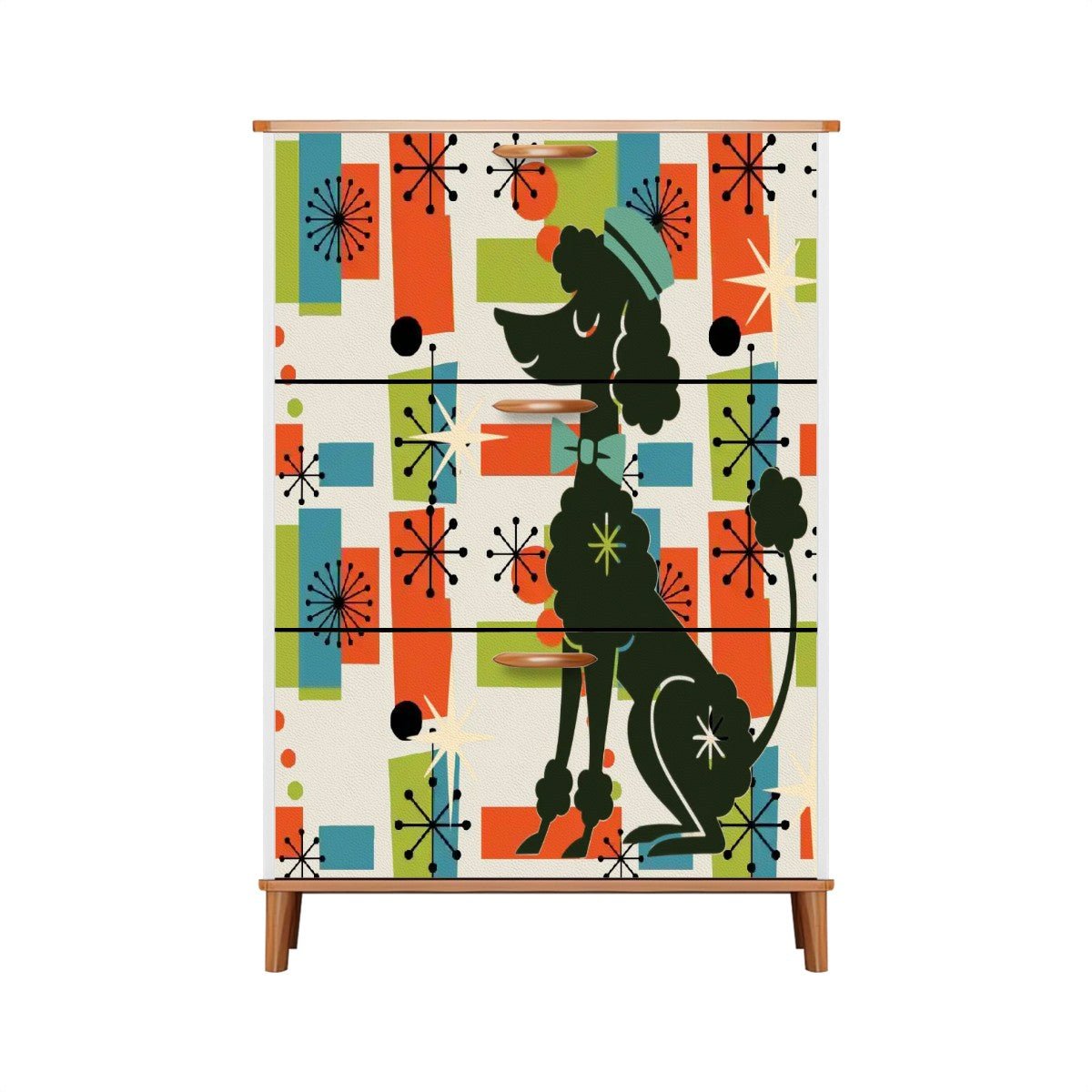 Kate McEnroe New York Mid Mod Poodle Shoe Cabinet, Orange Blue Green Starburst Storage Chest, 50s Retro Entry OrganizerShoe Storage5XkXX3jdL2