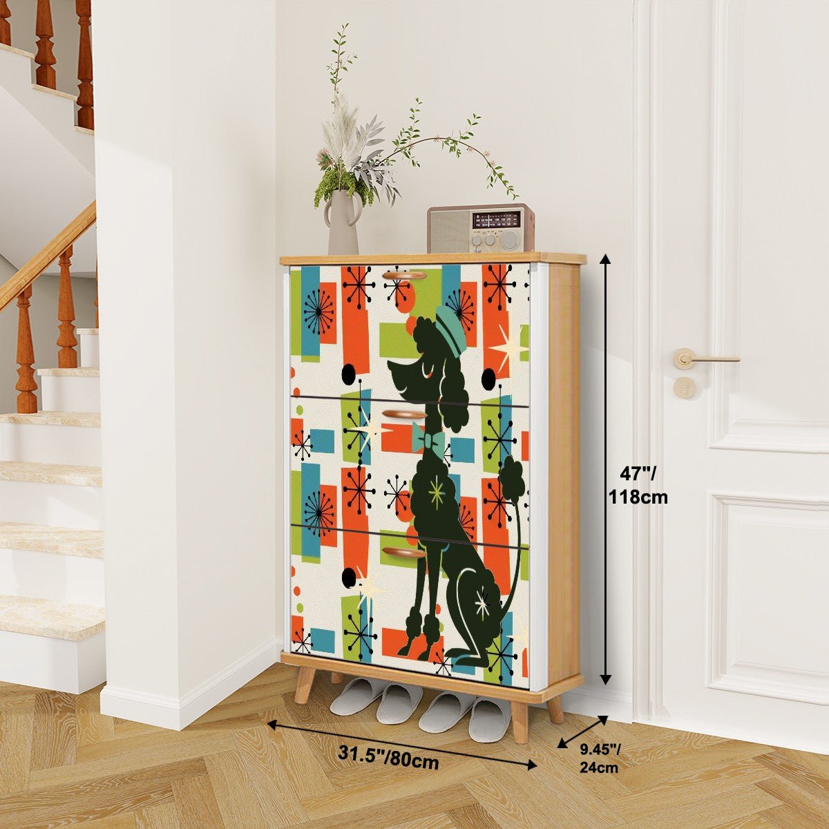 Kate McEnroe New York Mid Mod Poodle Shoe Cabinet, Orange Blue Green Starburst Storage Chest, 50s Retro Entry OrganizerShoe Storage5XkXX3jdL2