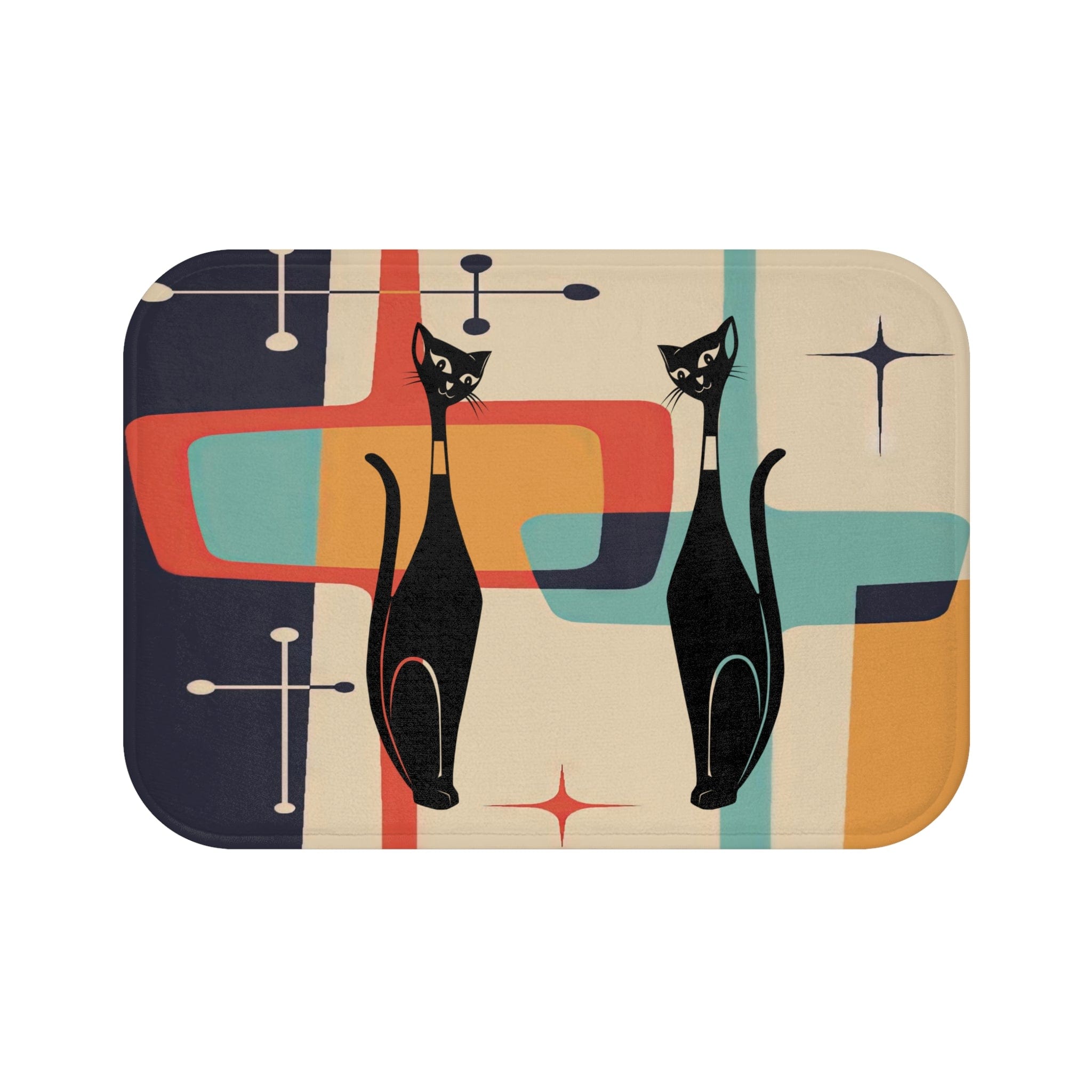 Kate McEnroe New York Mid Mod Retro Atomic Cat Bath Mat, MCM Kitschy, Aqua, Orange, Mustard Yellow, Gray, Geometric Bathroom Rug, Atomic Age Bath DecorBath Mats45567644431819833443