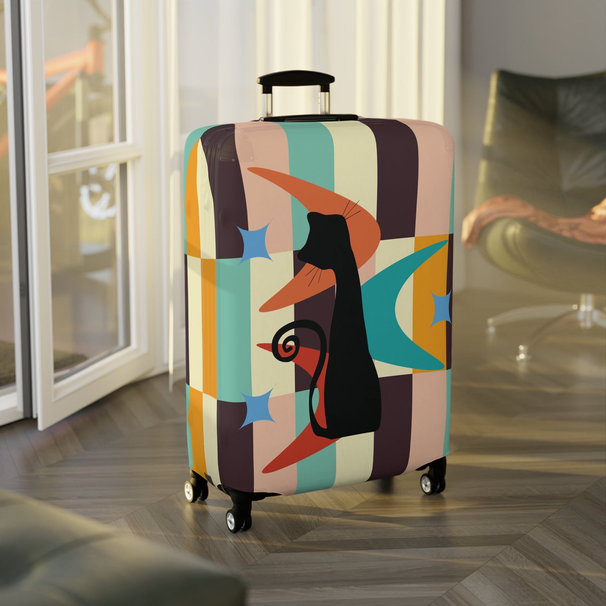 Kate McEnroe New York Mid Mod Retro Atomic Cat Luggage Cover, MCM Starburst Swanky Pastel Color Blocks, Hip Travel Case DecorLuggage Covers17929165000573906027