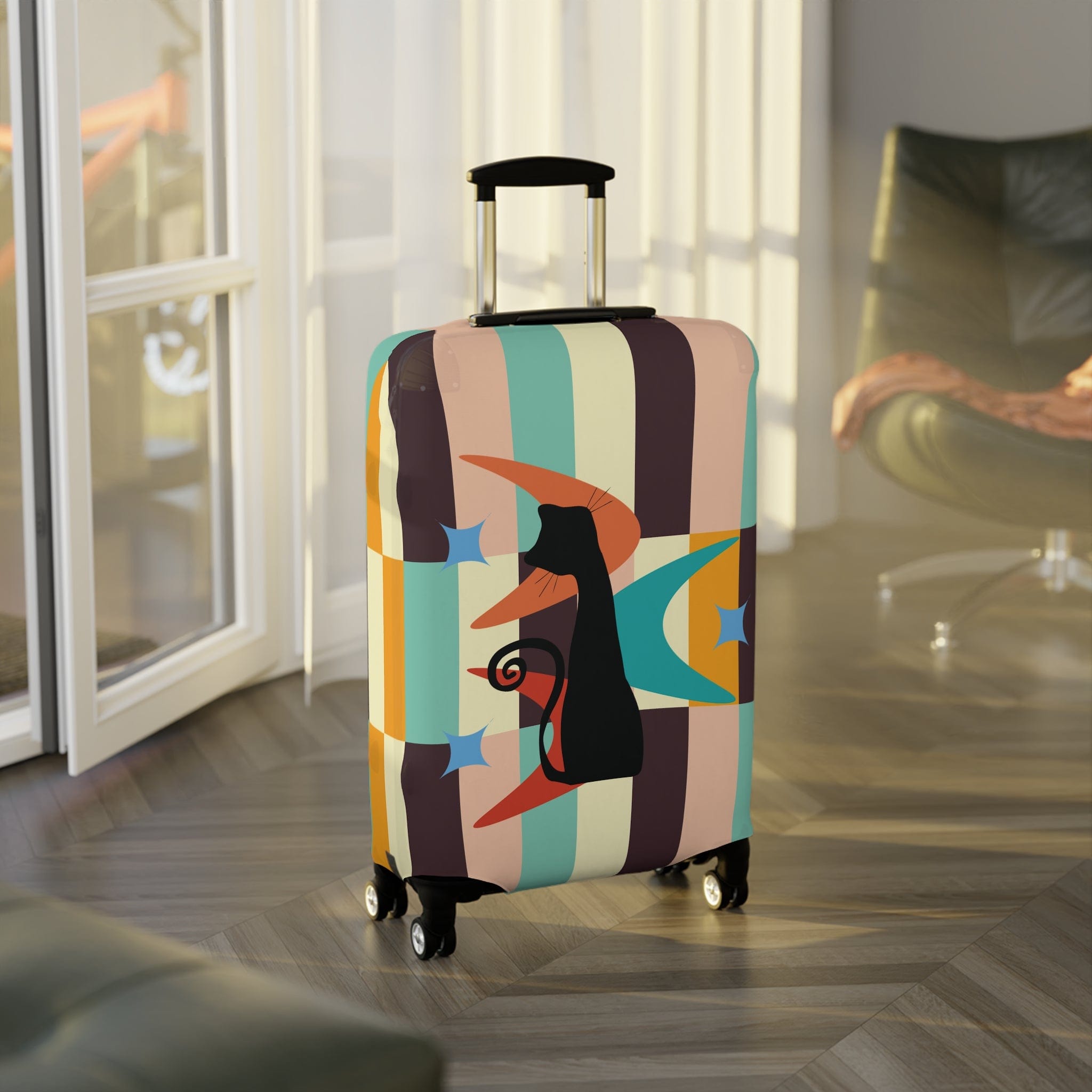 Kate McEnroe New York Mid Mod Retro Atomic Cat Luggage Cover, MCM Starburst Swanky Pastel Color Blocks, Hip Travel Case DecorLuggage Covers17929165000573906027