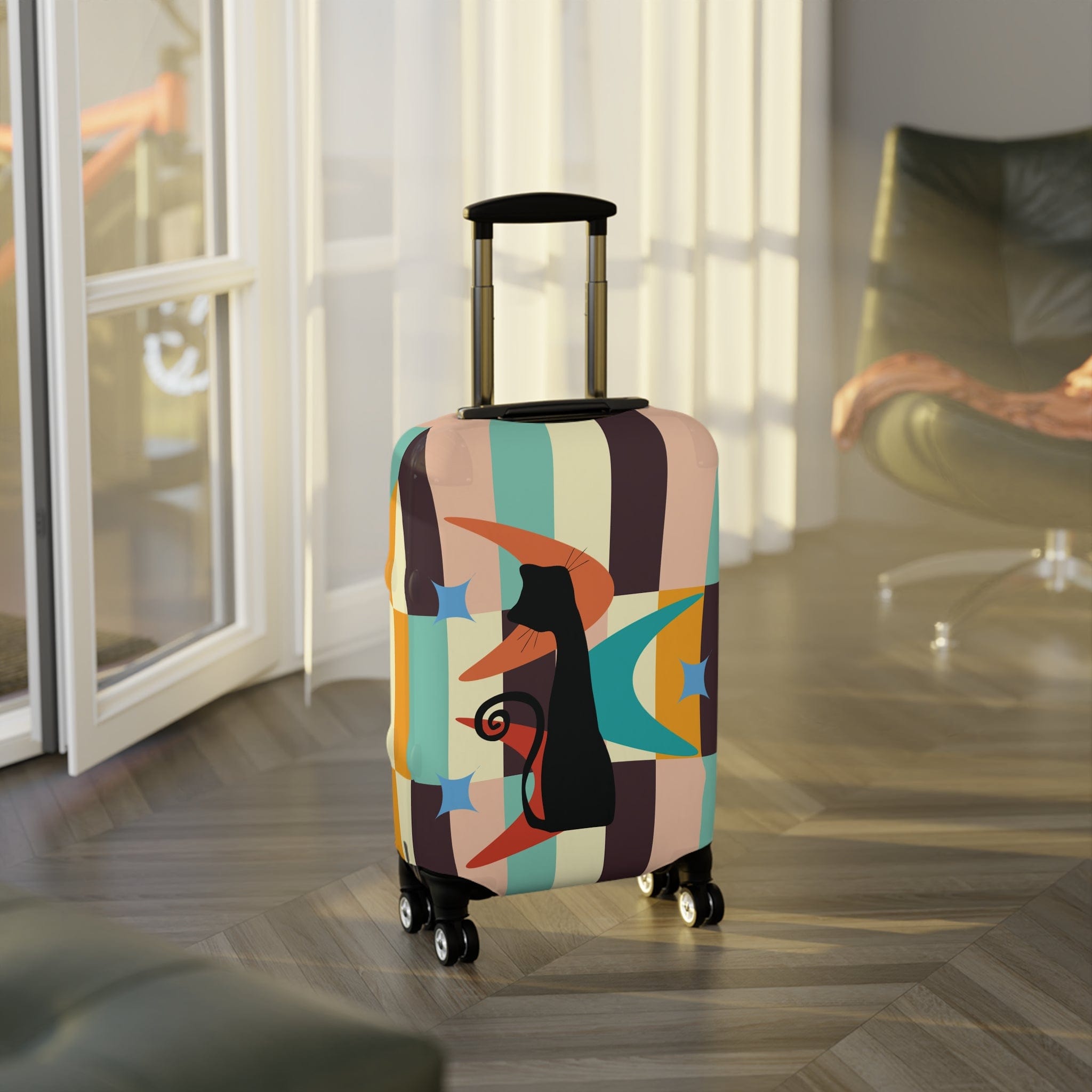 Kate McEnroe New York Mid Mod Retro Atomic Cat Luggage Cover, MCM Starburst Swanky Pastel Color Blocks, Hip Travel Case DecorLuggage Covers17929165000573906027