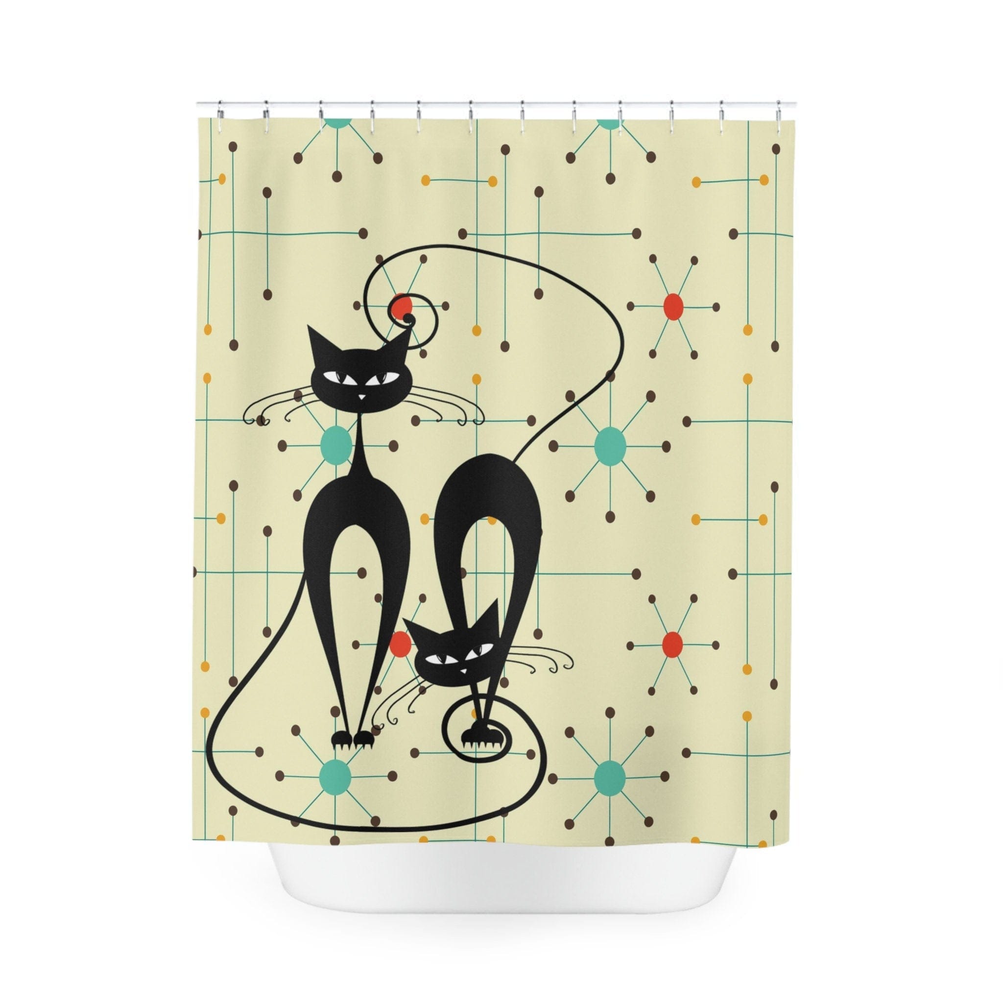 Kate McEnroe New York Mid Mod Retro Atomic Cat Shower Curtain, MCM Retro Kitschy, Mid Century Modern Starburst Bathroom Decor - 128782023Shower CurtainsS40 - MCT - BEG - 7x7