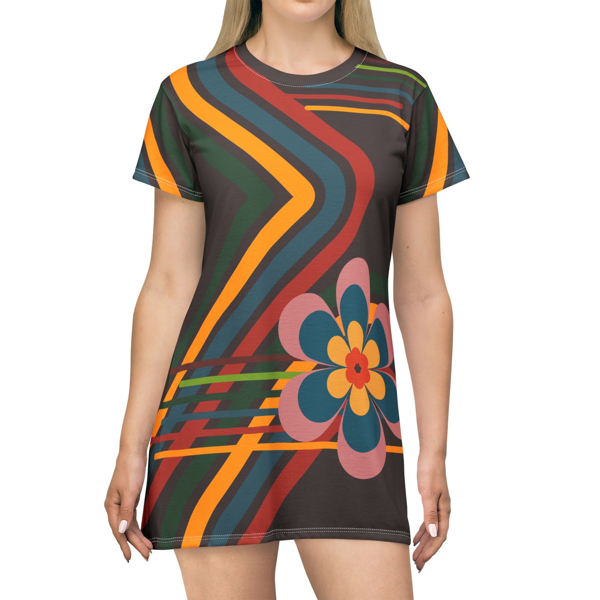 flower power party dress Groovy Flower Power Hippie Daisies 70s T-Shirt Dress, Retro Pink, Green Mid Century Modern Hipster Style Party Dress