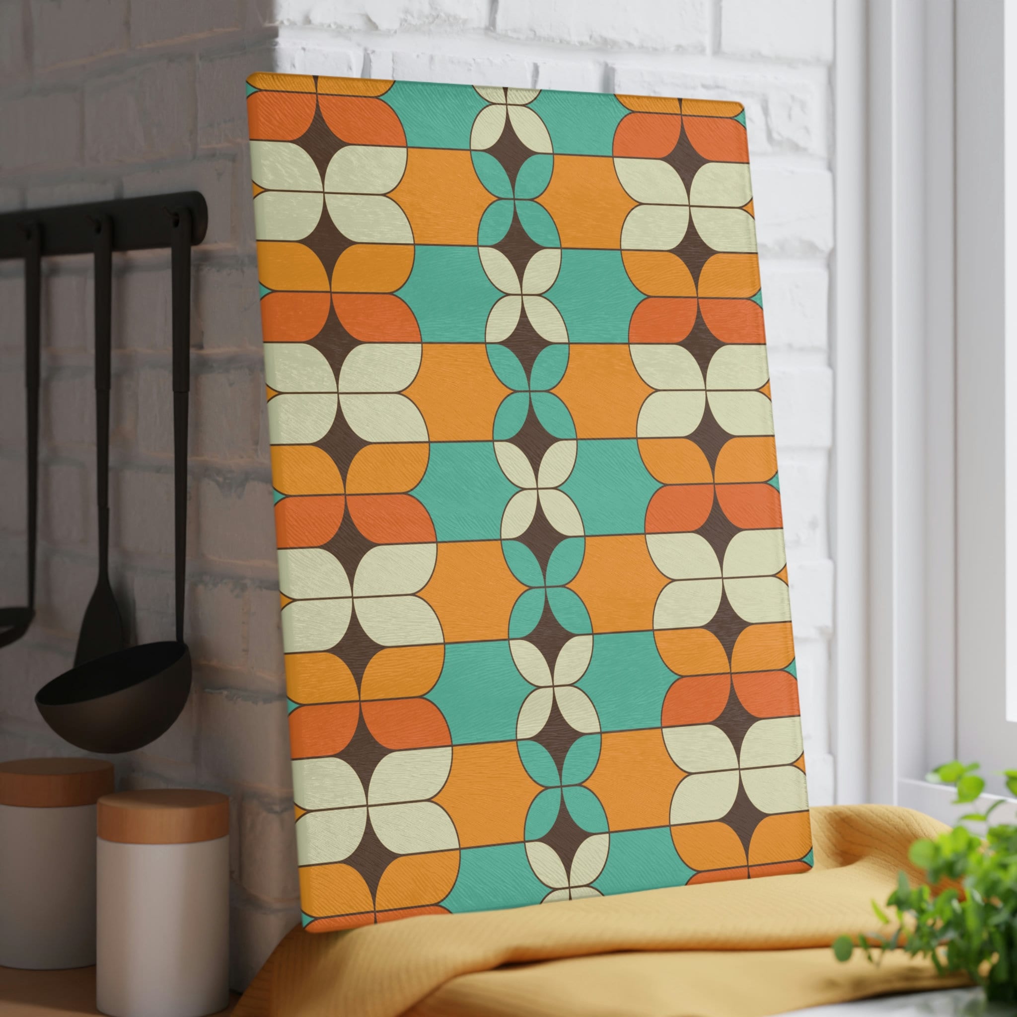 Kate McEnroe New York Mid Mod Vintage Atomic Age Glass Cutting Board, Geometric Tempered Glass Chopping Board, Retro Orange, Turquoise Mid Century Modern KitchenCutting Boards25031244218093154052