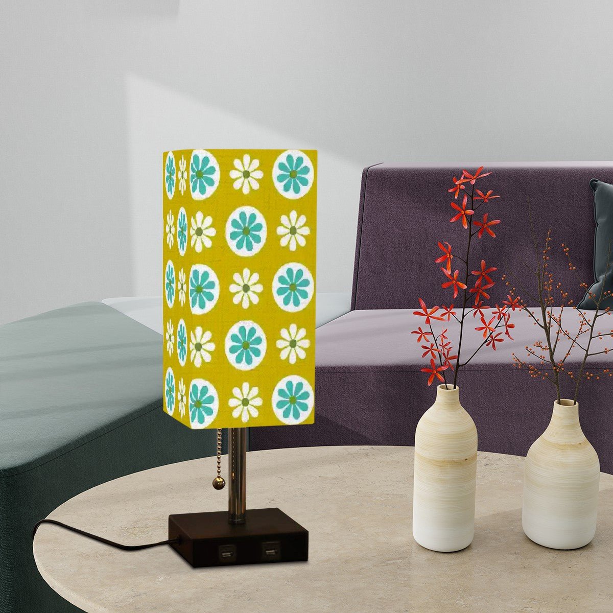 Kate McEnroe New York Mod Daisy Mid Century Modern Desk Lamp, Retro 60s Chartreuse Floral Table LightDesk LampsE8T8V10KYA