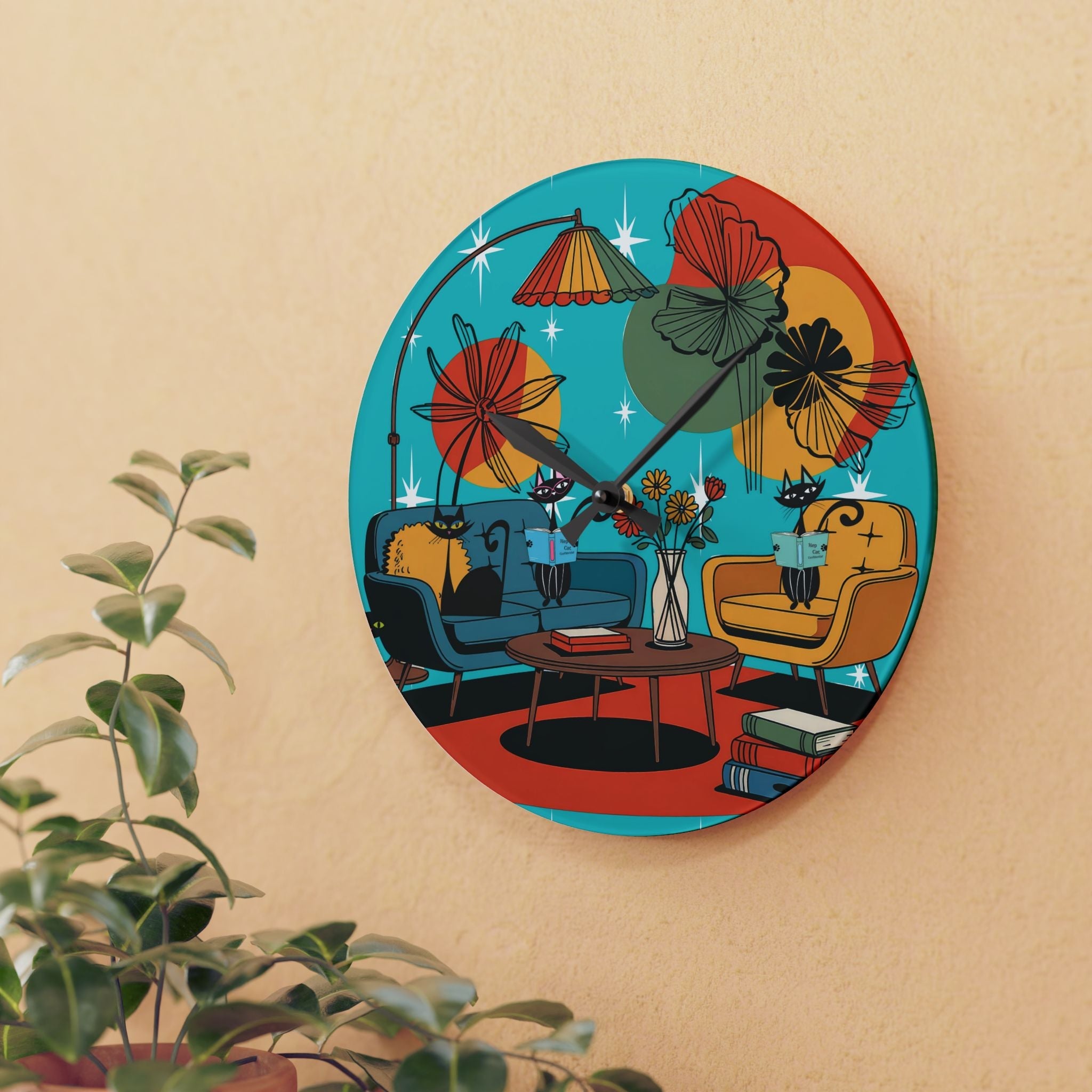 Kate McEnroe New York Mod Lounge Atomic Cat Clock, 1950s Retro Book Nook Wall Accent, MCM Starburst Floral DecorWall Clocks15899041764349184307