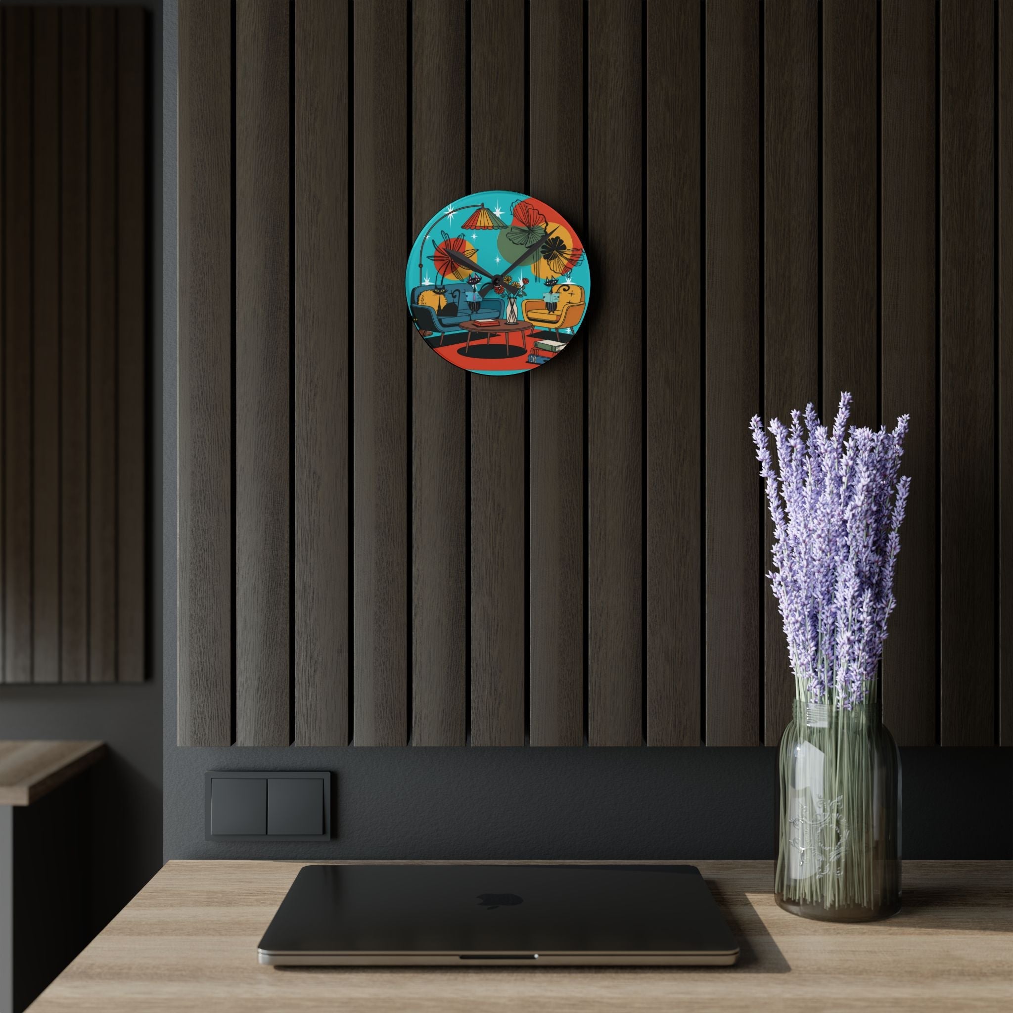Kate McEnroe New York Mod Lounge Atomic Cat Clock, 1950s Retro Book Nook Wall Accent, MCM Starburst Floral DecorWall Clocks15899041764349184307