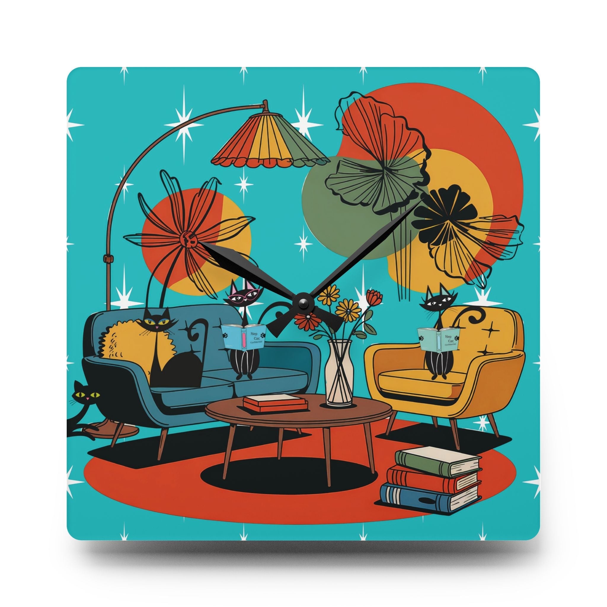 Kate McEnroe New York Mod Lounge Atomic Cat Clock, 1950s Retro Book Nook Wall Accent, MCM Starburst Floral DecorWall Clocks15899041764349184307