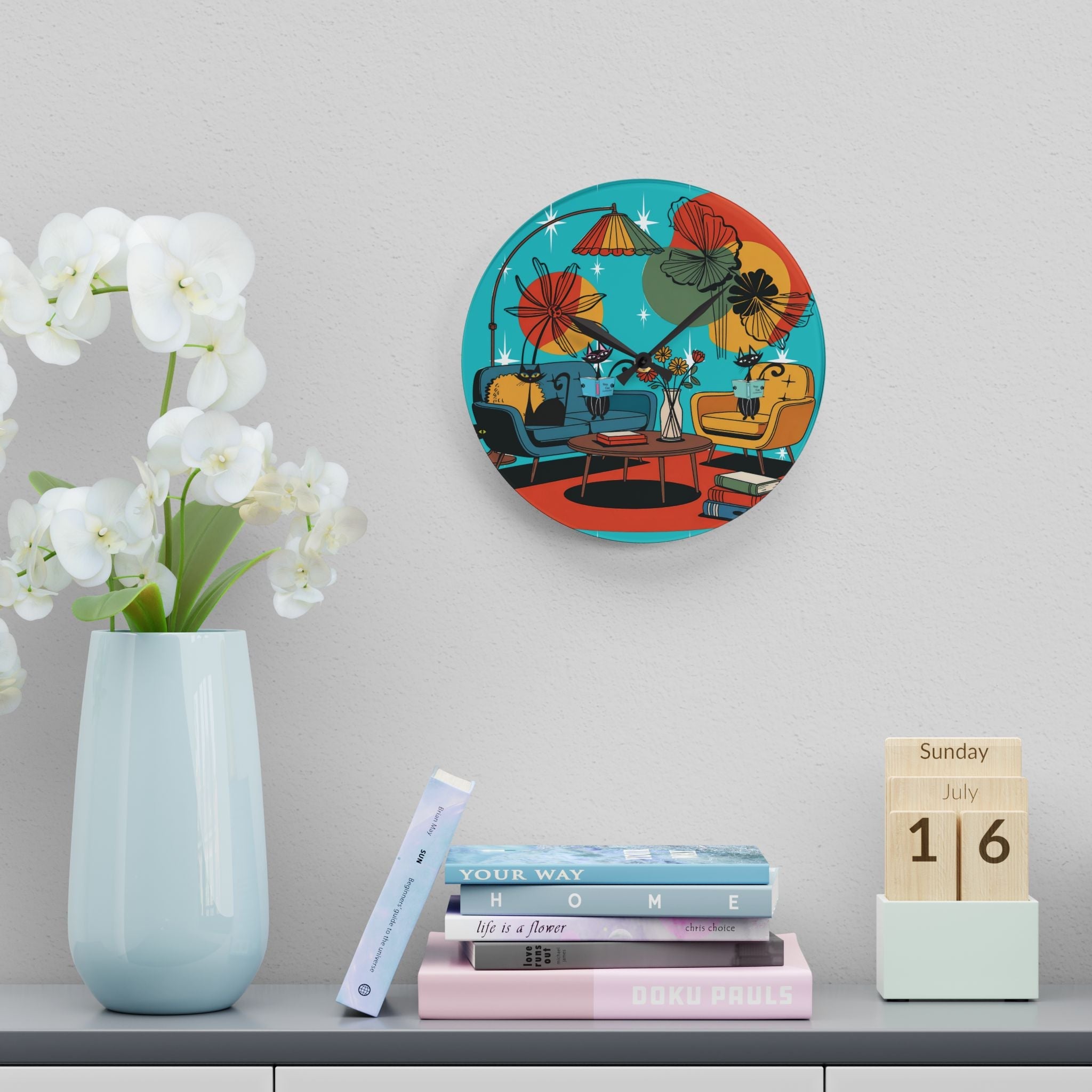 Kate McEnroe New York Mod Lounge Atomic Cat Clock, 1950s Retro Book Nook Wall Accent, MCM Starburst Floral DecorWall Clocks15899041764349184307