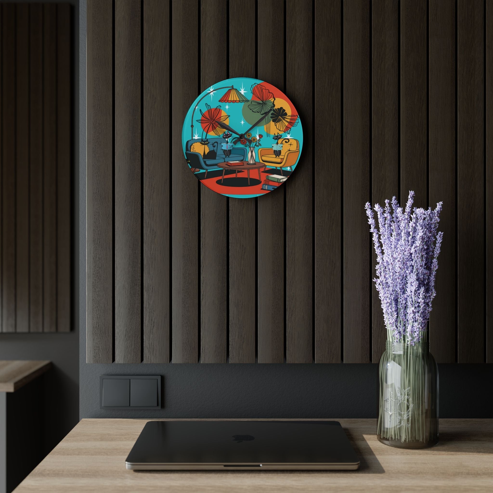 Kate McEnroe New York Mod Lounge Atomic Cat Clock, 1950s Retro Book Nook Wall Accent, MCM Starburst Floral DecorWall Clocks15899041764349184307