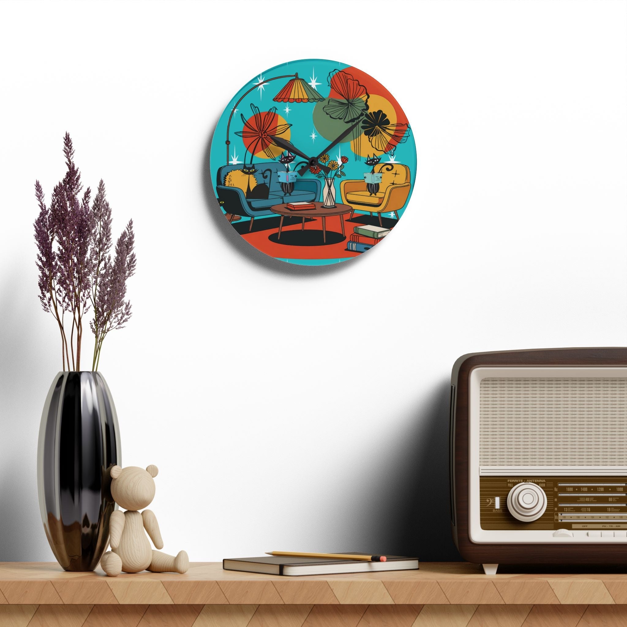 Kate McEnroe New York Mod Lounge Atomic Cat Clock, 1950s Retro Book Nook Wall Accent, MCM Starburst Floral DecorWall Clocks15899041764349184307