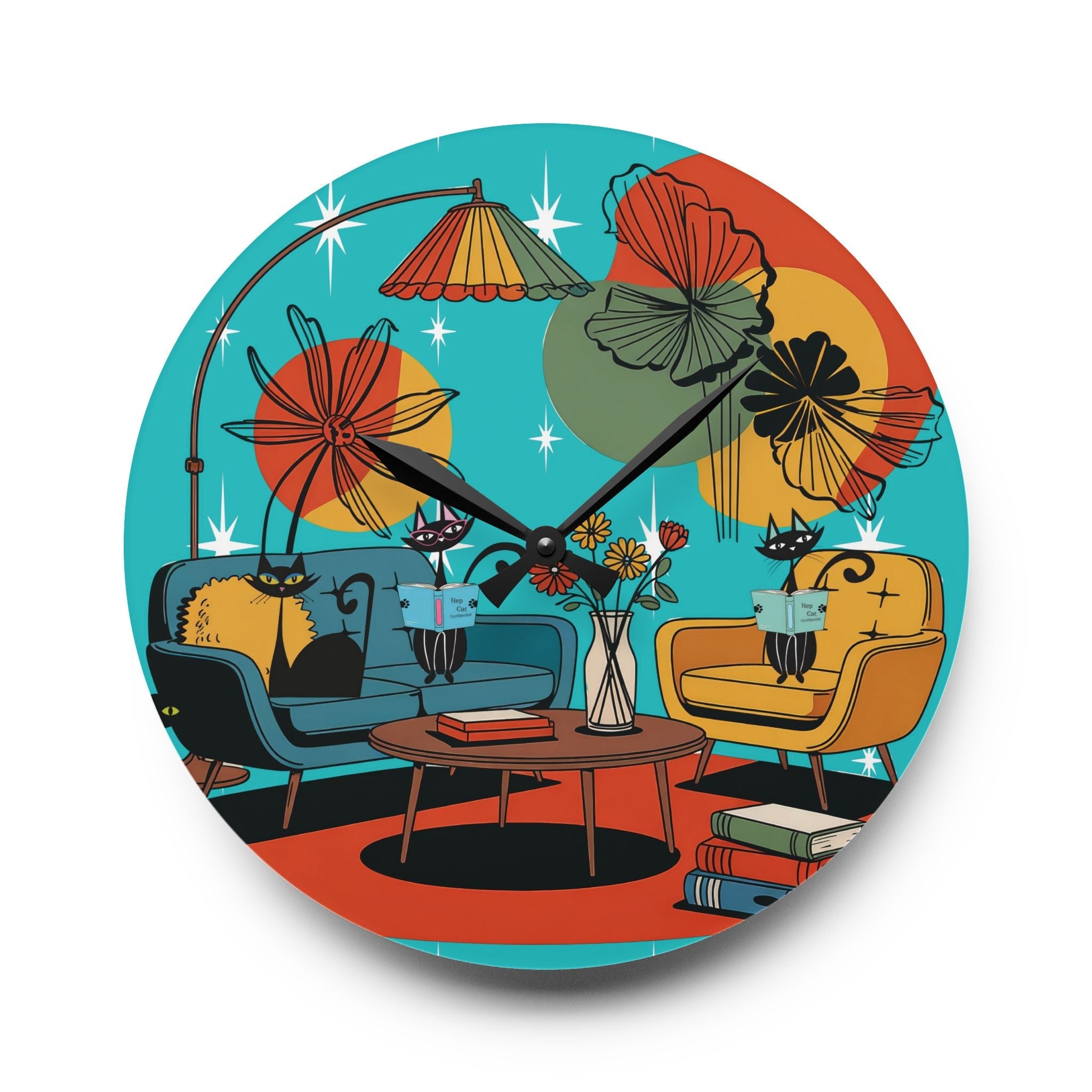 Kate McEnroe New York Mod Lounge Atomic Cat Clock, 1950s Retro Book Nook Wall Accent, MCM Starburst Floral DecorWall Clocks15899041764349184307