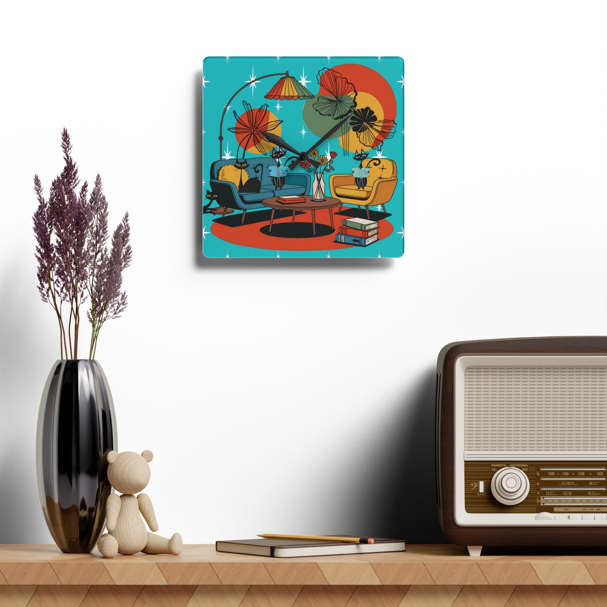 Kate McEnroe New York Mod Lounge Atomic Cat Clock, 1950s Retro Book Nook Wall Accent, MCM Starburst Floral DecorWall Clocks15899041764349184307